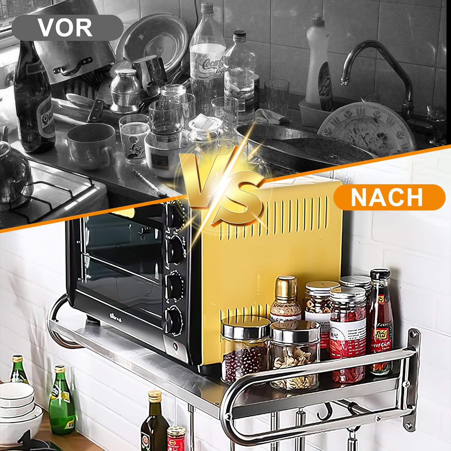 HEYHIPPO Wandregal Wandmontierte Mikrowellenhalterung aus Edelstahl für die Küche, passend für die meisten Mikrowellen unter 45cm, Organizer-Regal über dem Mikr – Bild 4 von 5