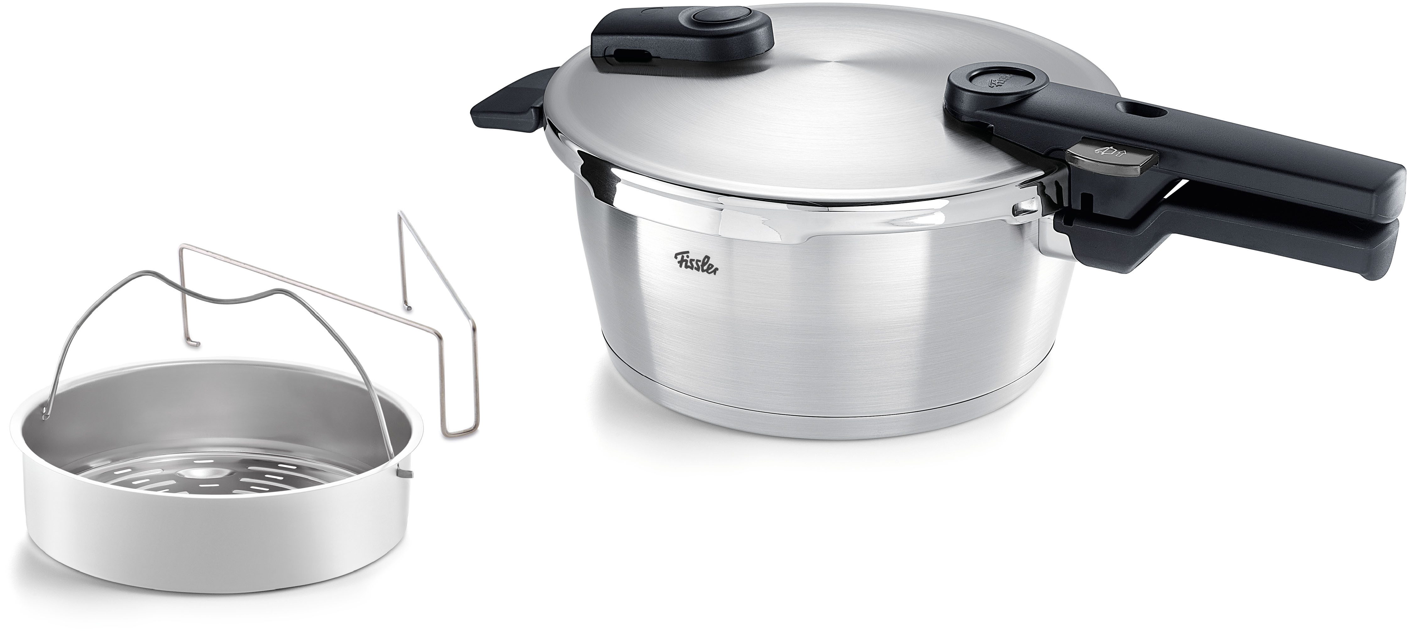 Fissler Schnellkochtopf Vitaquick® Premium, Edelstahl 18/10 (3-tlg., 1 Schnellkochtopf 2,5 L, 1 Metalldeckel, 1 Dünsteinsatz), Made in Germany, mit gelochtem Einsatz