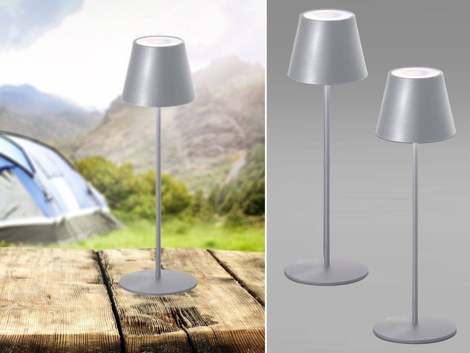 ohne 2er - dimmbar Farbwechsler, fest SET Warmweiß, Akku Außen-Tischleuchte, meineWunschleuchte LED RGB USB-Ladefunktion, Lampen aufladbar LED Outdoor Strom-Anschluss integriert, Silber