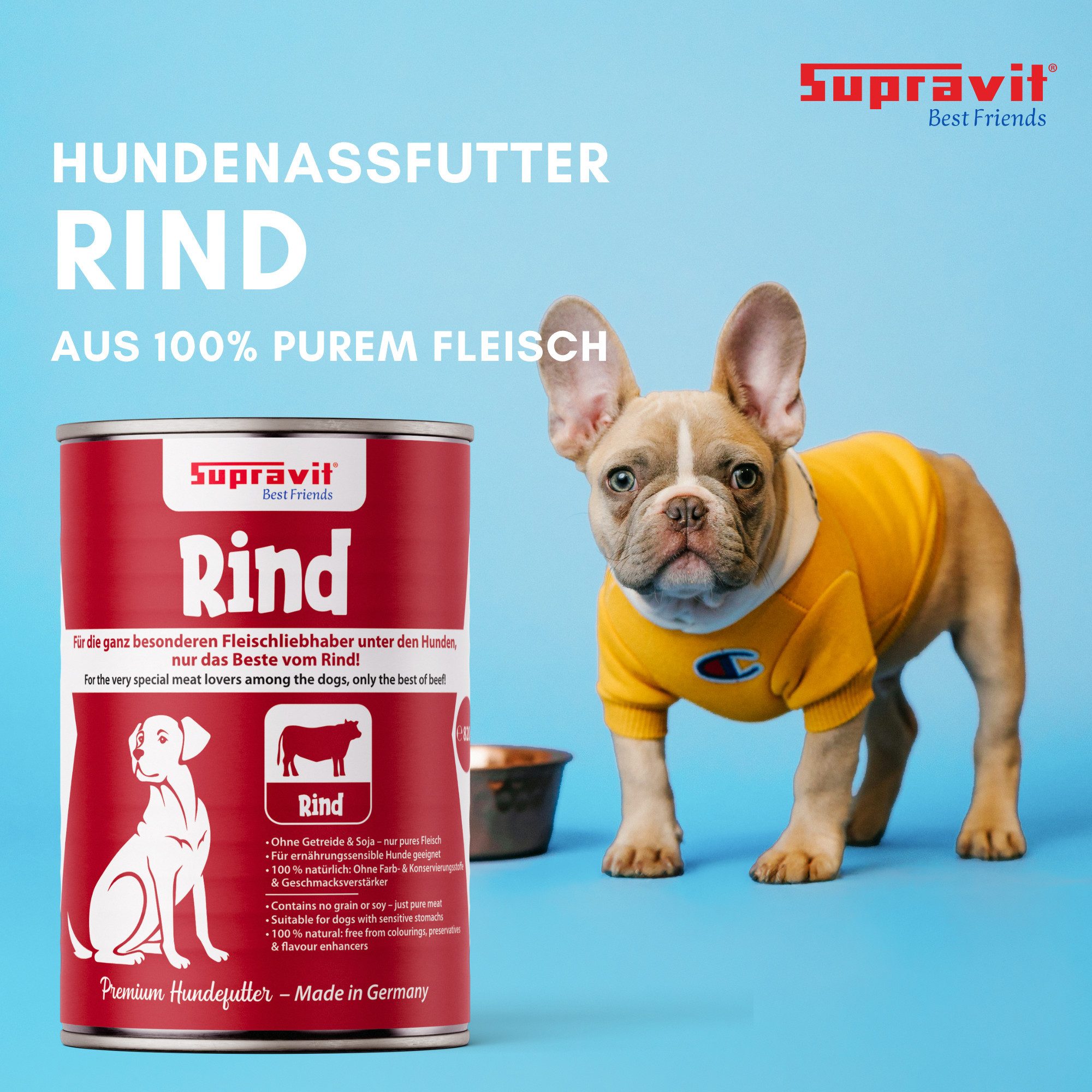Supravit Nassfutter für Hunde 6 x 820g Dosen - Schmackhaftes Hundefutter nass Rind, Nassfutter für: Hund