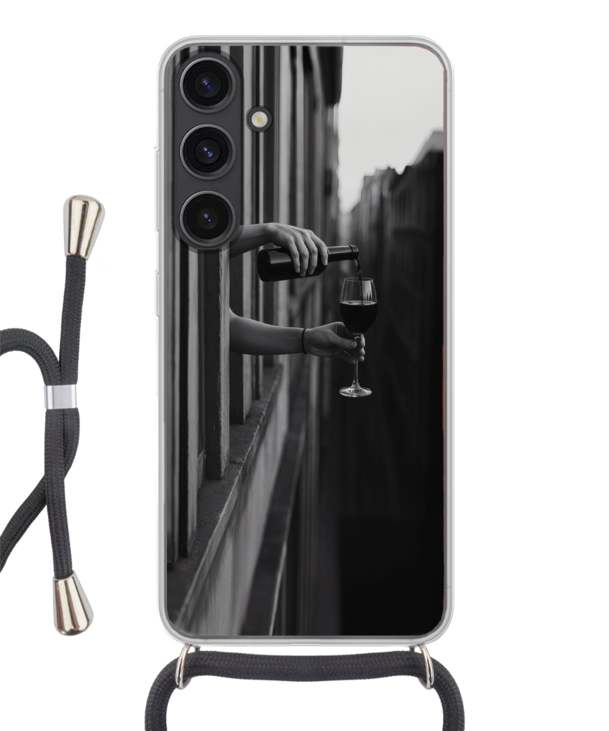 MuchoWow Handyhülle für Samsung Galaxy S24 Plus Weinflasche - Glas - Hände - Fenster, Tragbare Handyhüllen mit Kette zum umhängen, Handykette Handyband