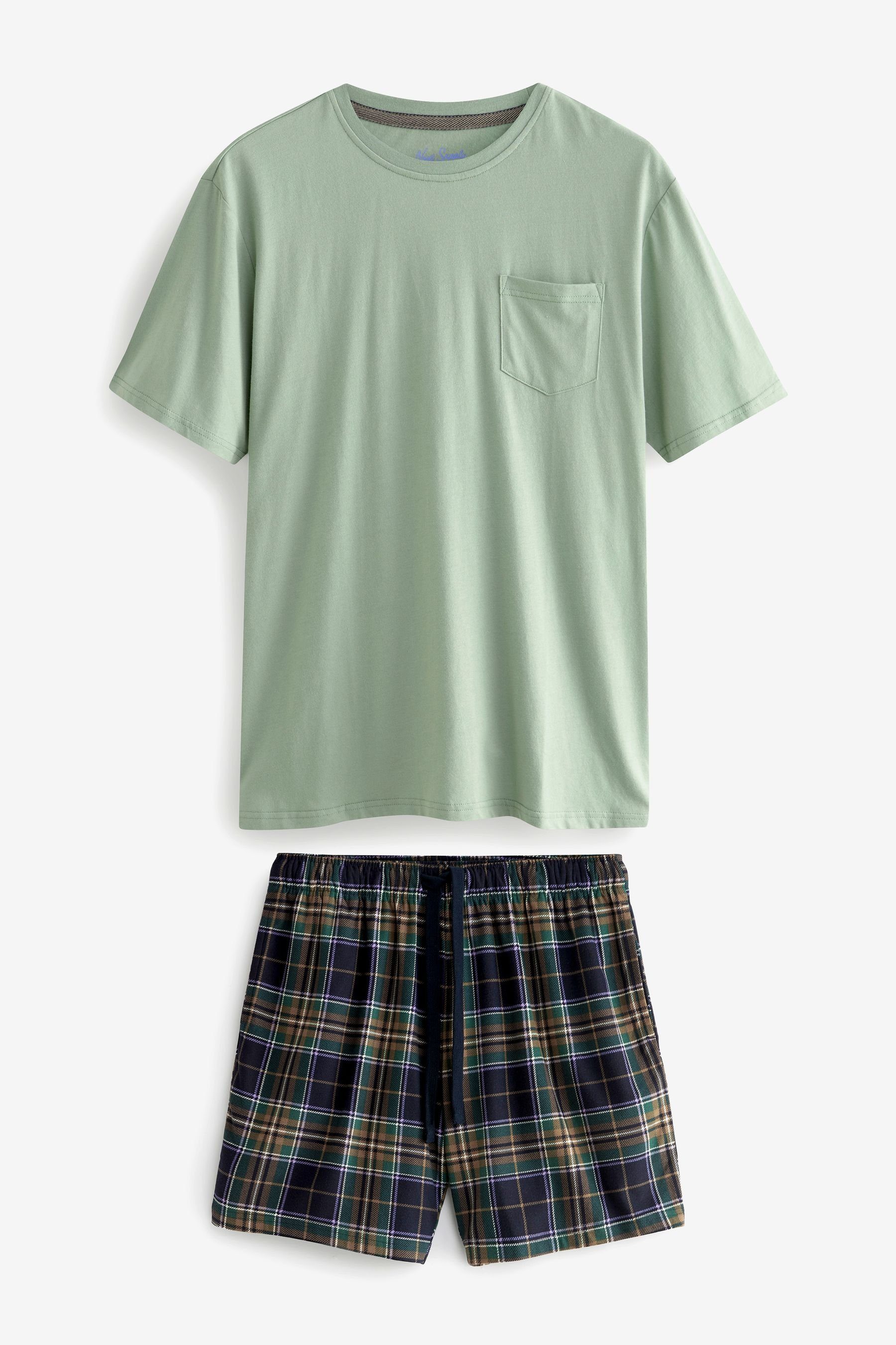 Flex Check Next Shorts Green/Navy Pale Pyjama Kuscheliger mit (2 tlg) Pyjama Blue Motion
