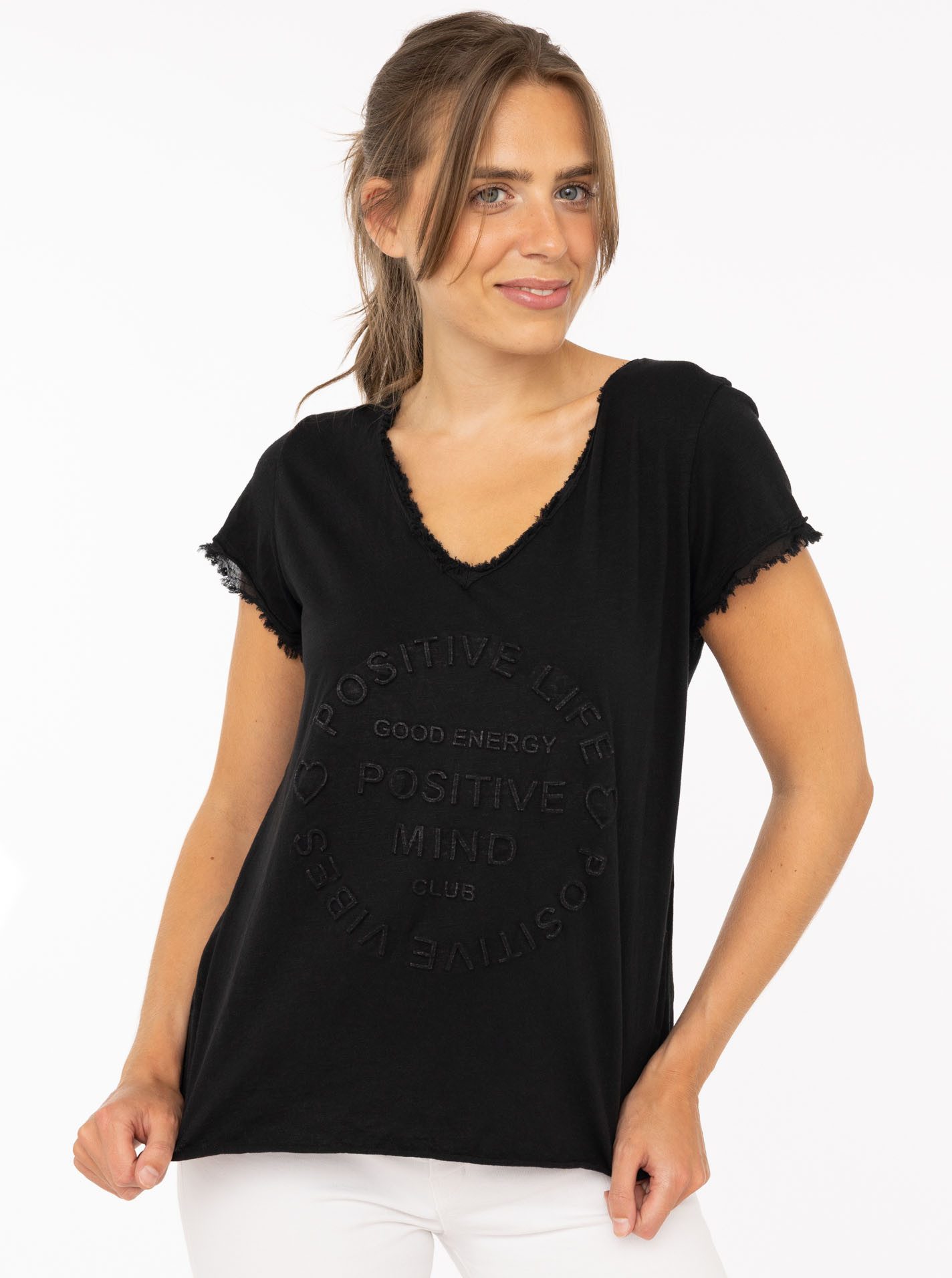 Zwillingsherz T-Shirt "Positive Mind" V-Ausschnitt, Kurzarm, günstig online kaufen