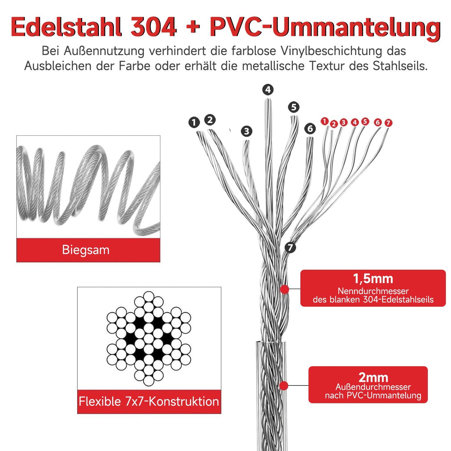 OSTWOLKE Drahtseil 30M Drahtseil Edelstahl Stahlseil Kit mit Ösen Haken M5 Spannschloss