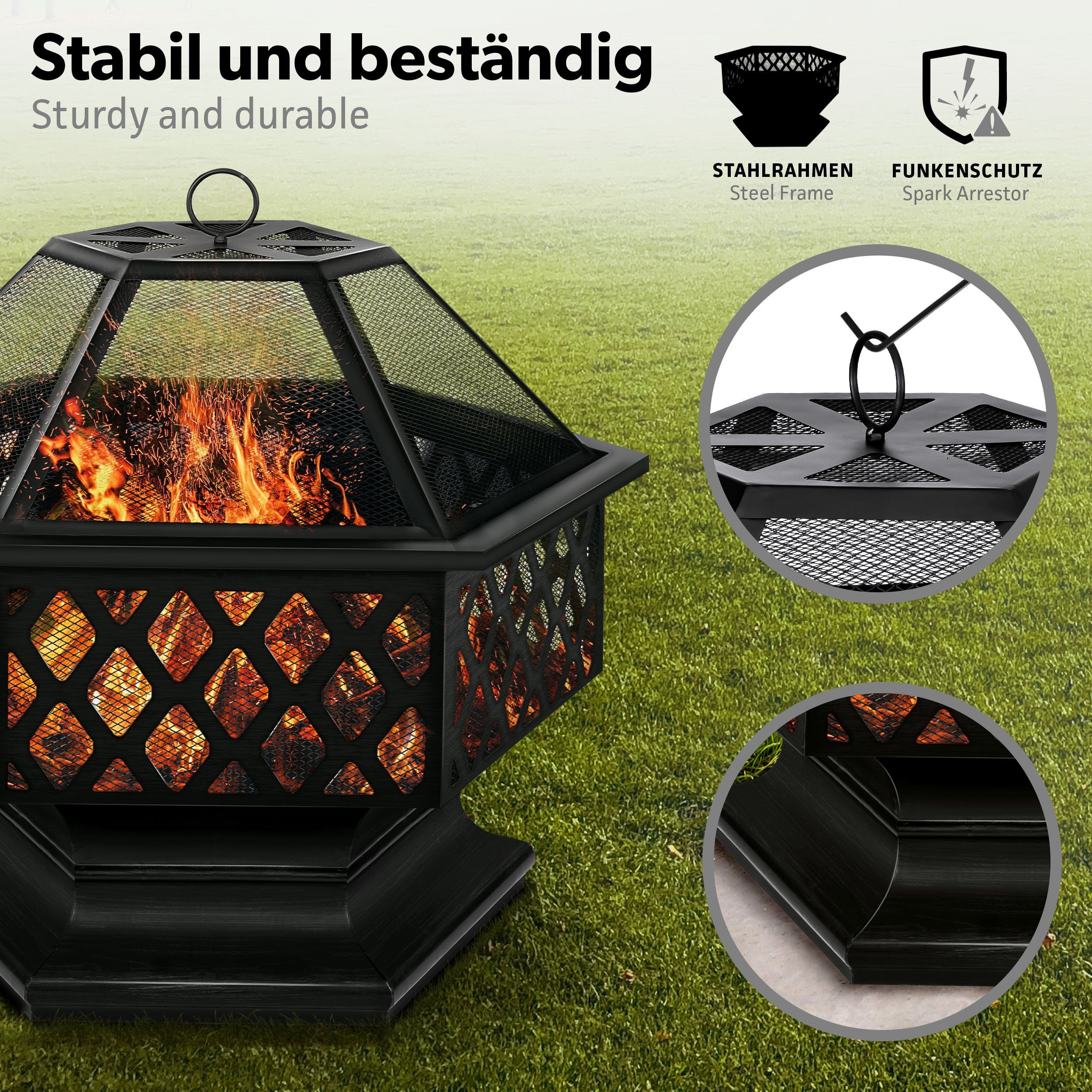 tillvex Feuerschale tillvex Feuerschale mit Funkenschutz 4in1 Grill Feuerstelle BBQ Feuerk, (Feuerstelle), Kohlerost