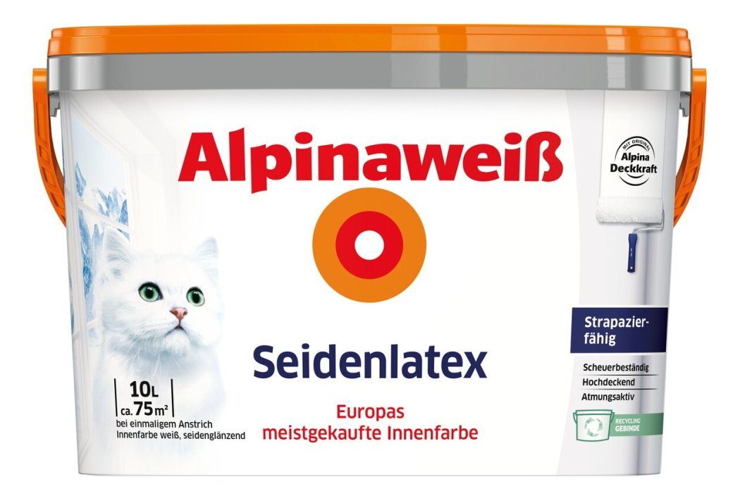 *Alpina* Wand- und Deckenfarbe Alpinaweiss Seidenlatex 10 L. Latexfarbe seidengl., Extrem strapazierfähig: Nassabrieb Klasse 1
