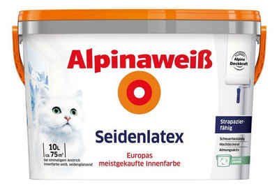 Alpina Wand- und Deckenfarbe Alpinaweiss Seidenlatex 10 L. Latexfarbe seidengl., Extrem strapazierfähig: Nassabrieb Klasse 1