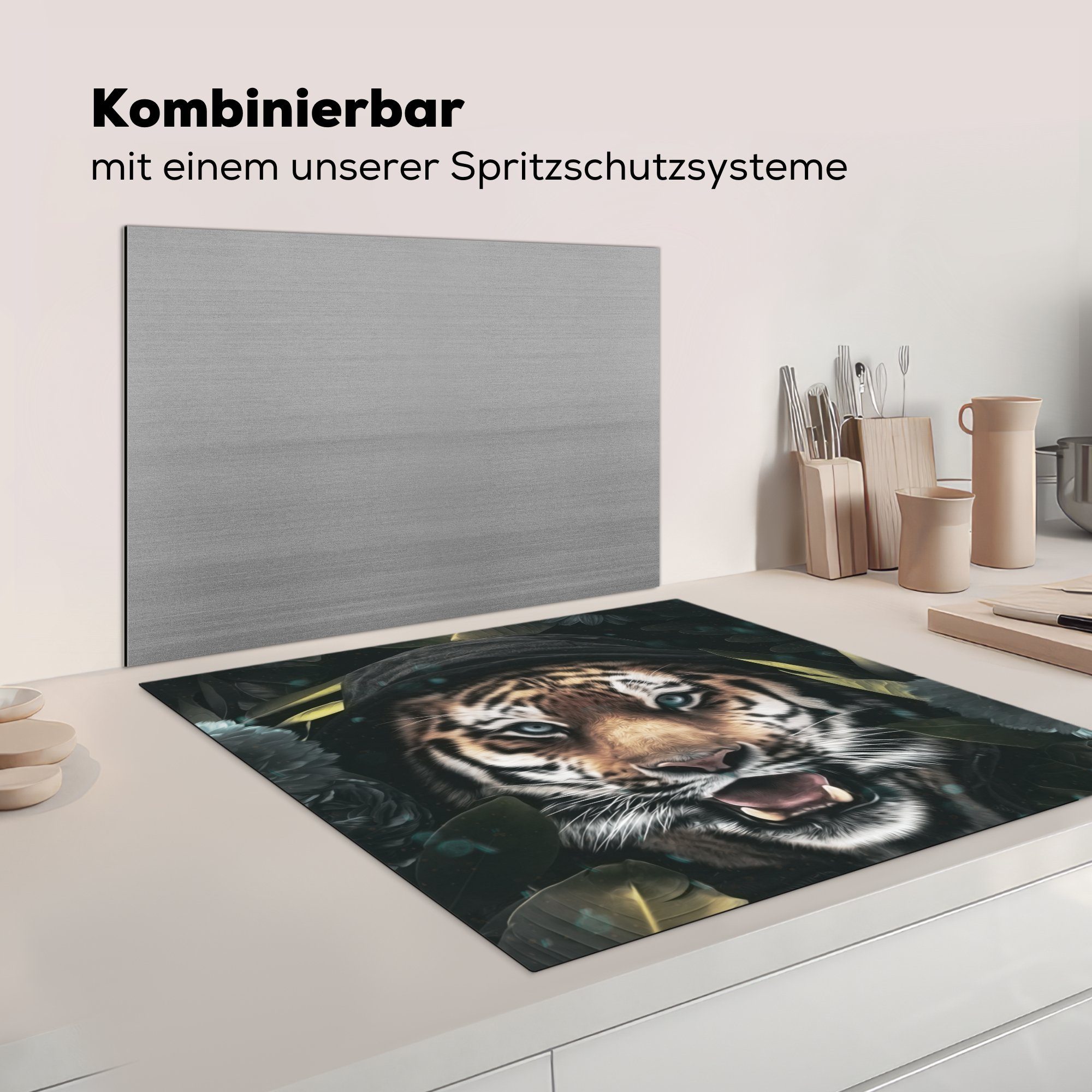 Blumen 78x78 - - MuchoWow küche Tiger Ceranfeldabdeckung, Kleidung, für Herdblende-/Abdeckplatte Vinyl, (1 cm, Arbeitsplatte tlg),