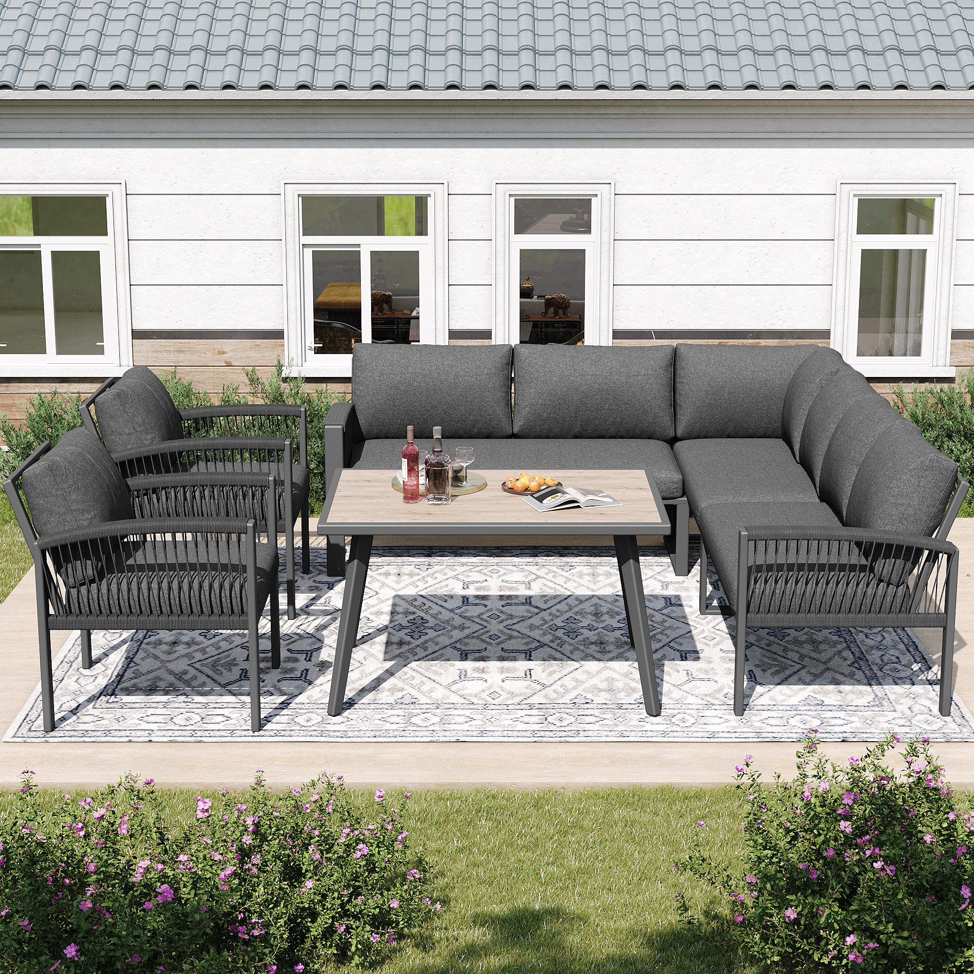 Merax Gartenlounge-Set aus Seil, (6-tlg), Gartenmöbel 8-Sitzer Sitzgruppe mit 3 2-Sitzer-Sofa, 2 Sessel & Tisch