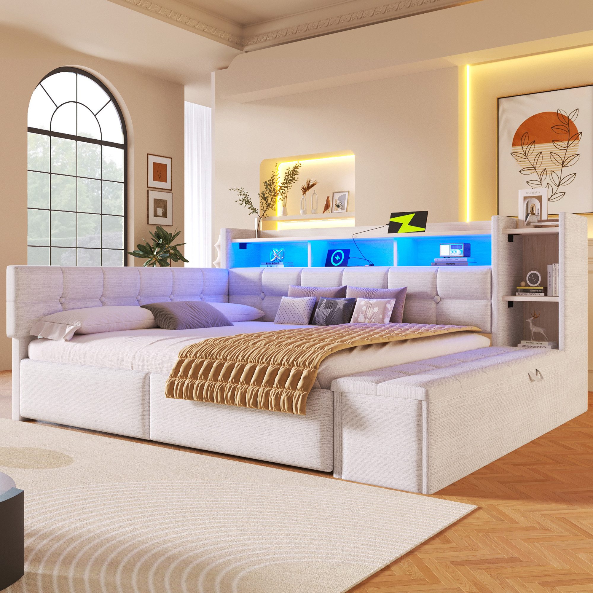 Merax Daybett mit LED Lichtleiste, USB & Typ-C, Samt (Schlafsofa Sofabett Jugendbett Kinderbett, 1 tlg), Tagesbett 140x190cm mit Schubladen,Ablagefach,Stauraumbank am Fußende