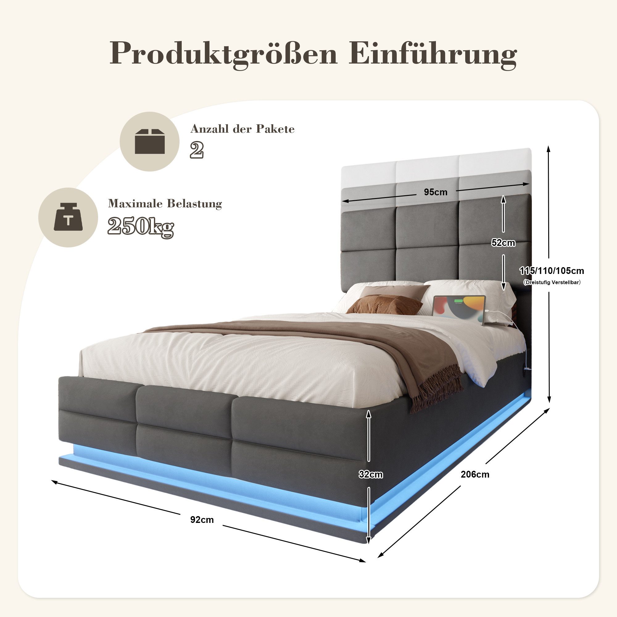 LVHOM Boxbett 90/140/160/180x200 cm mit LED, USB, Typ C-Ladeanschluss, Bettkasten (Weicher, hautfreundlicher Samtstoff, Leuchten in 16 Farben, Seitlicher Ladeanschluss, Integriertes Hydrauliksystem, Bettkasten Platzsparend, Bettgestell/Polsterbett/Doppelbett/Stauraumbett), Ideal für Schlafzimmer und Wohnungen, Moderner, tiefer Raum-Effekt