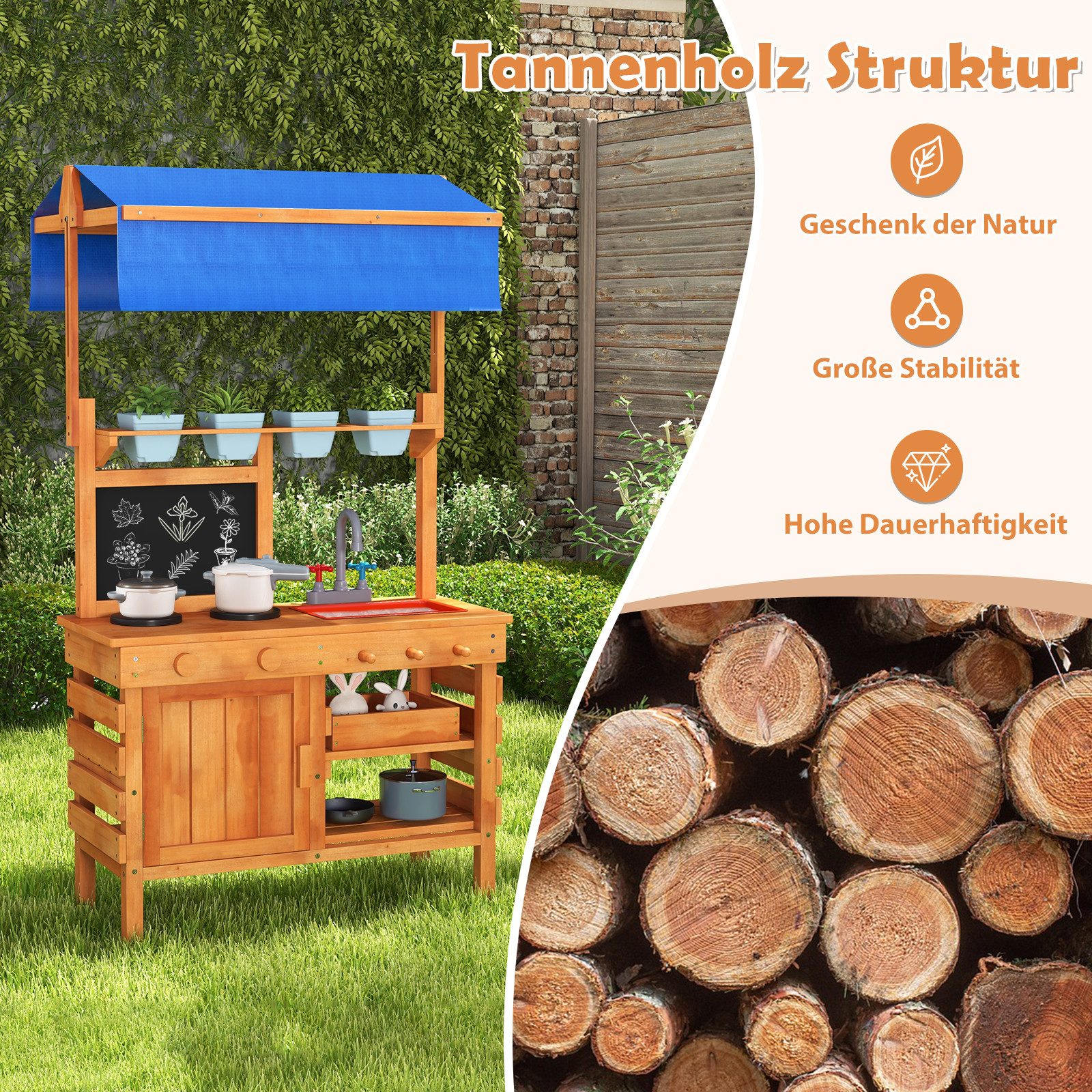 KOMFOTTEU Outdoor-Spielküche, Matschküche aus Tannenholz mit verstellbarem Baldachin
