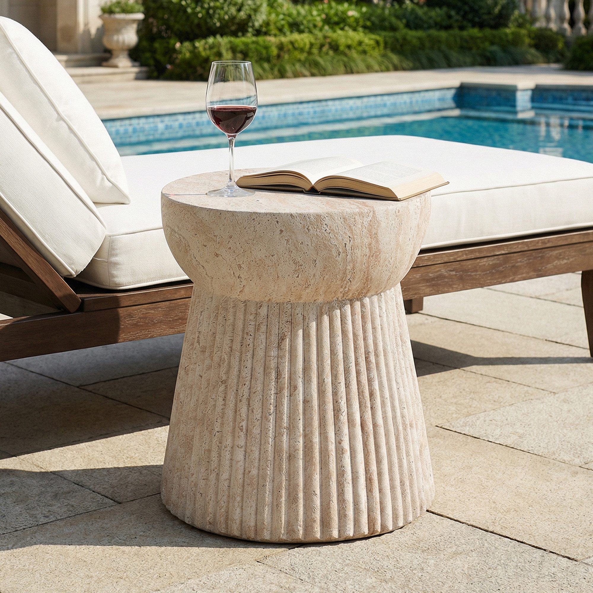 Flieks Gartentisch runder Beistelltisch Outdoor aus MgO, Travertinoptik (B38/H43 cm, 1-St., 1 Tisch), Balkontisch Couchtisch Esstisch für den Innen- und Außenbereich