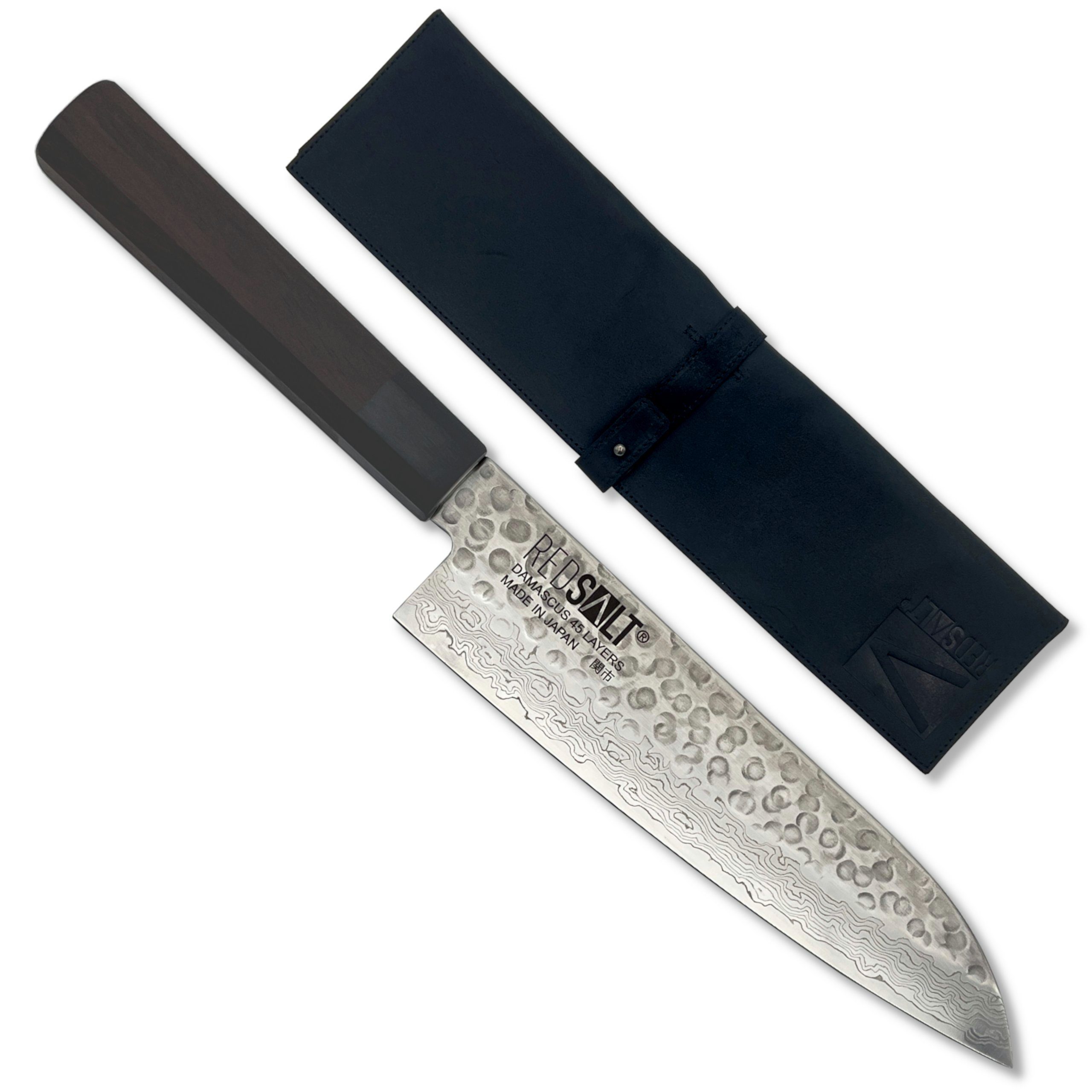[Super-Sonderpreis] REDSALT® Damastmesser SANTOKU 18cm Klingenschutz, in Japan handgefertigt, Ledertasche Küchenmesser mit Profi & Made