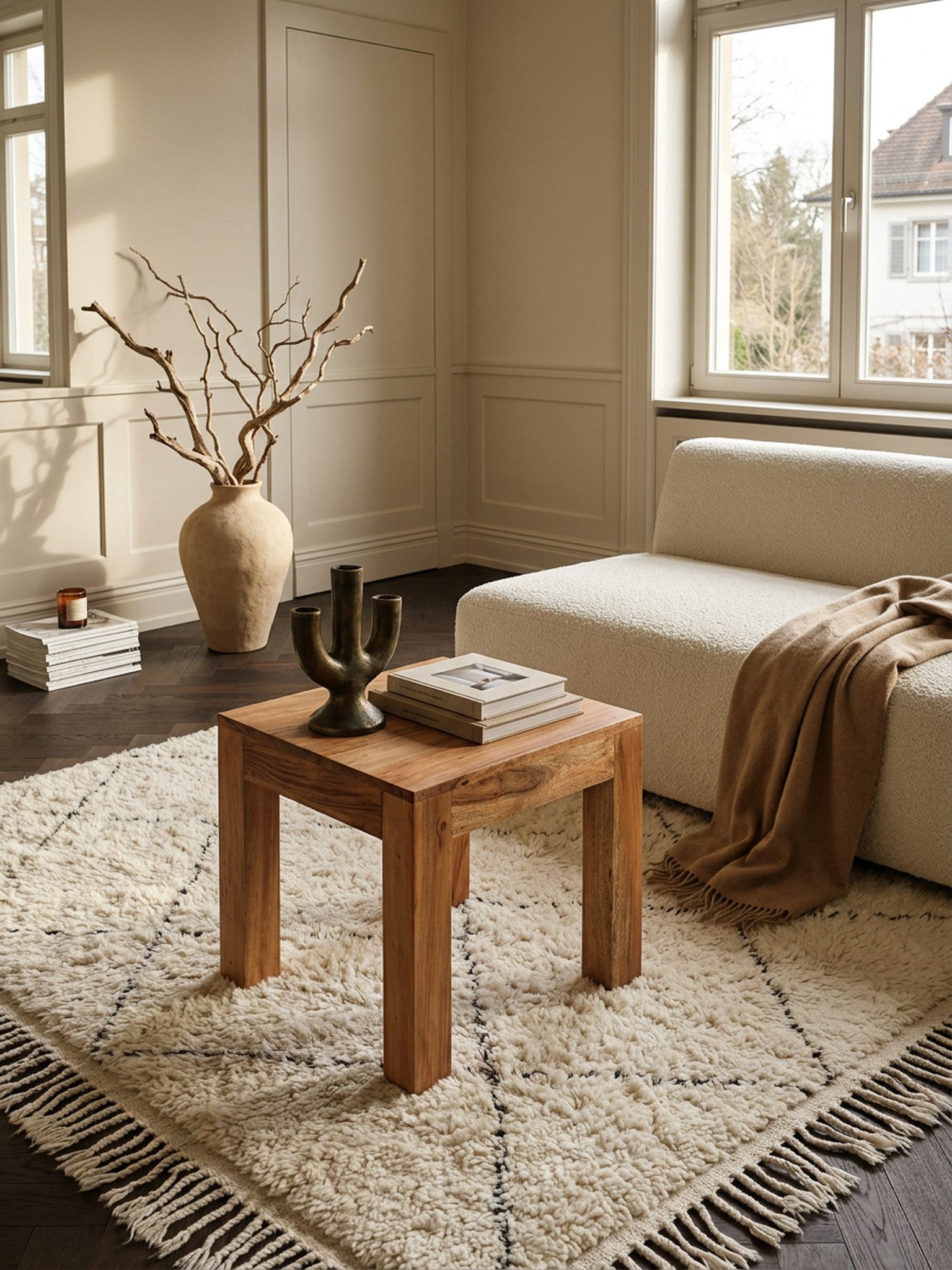 KADIMA DESIGN Beistelltisch Couchtisch Massiv-Holz Akazie 45 cm breit Wohnzimmer-Tisch Design (Unikat modern Massivholzmöbel Echtholz quadratisch), braun Landhaus-Stil Beistelltisch Natur-Produkt Wohnzimmermöbel