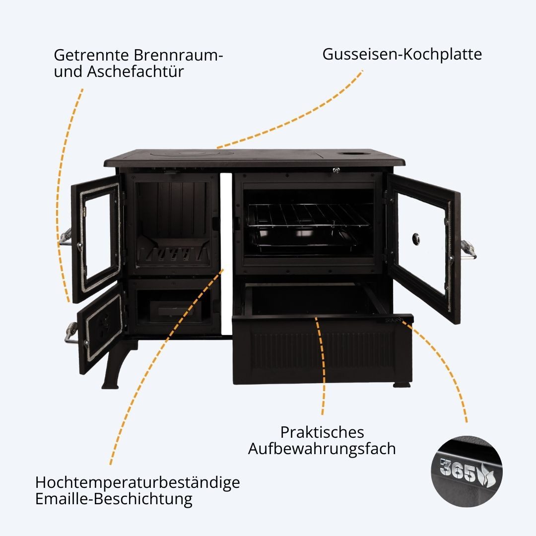 365 Kaminofen 365® Küchenherd Cook Smart weiß emailliert 8 kW Gusseisen A+, 8 kW