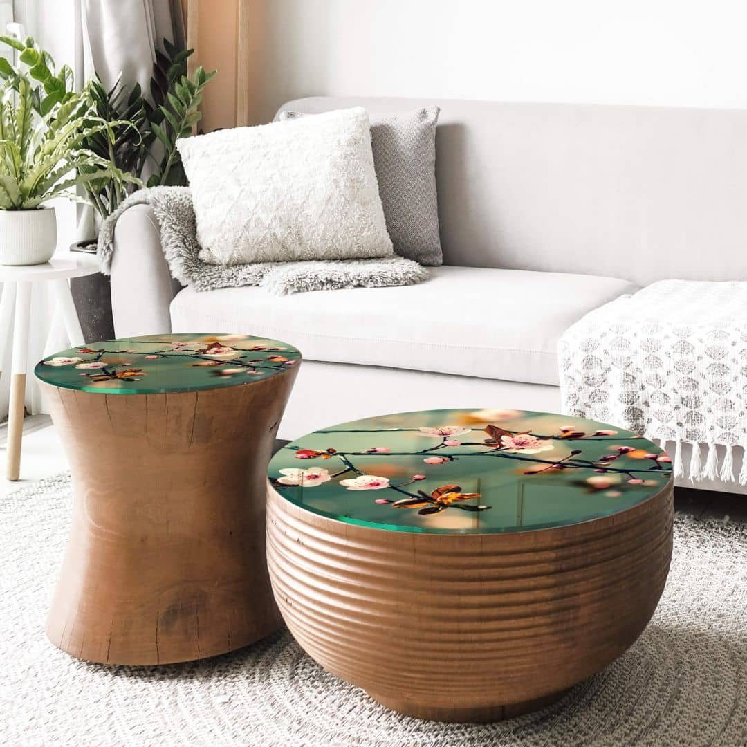 K&L Wall Art Arbeitsplatte Glas Tischplatte Knospen Glastisch Baum des Lebens Beistelltisch Büro