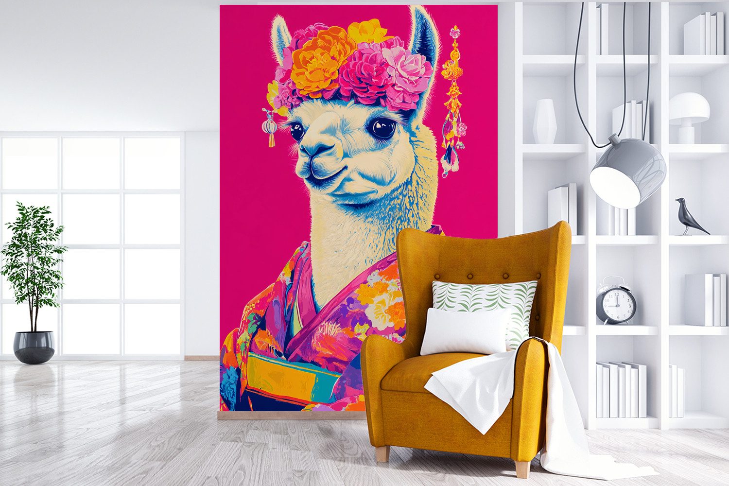 MuchoWow Fototapete Lama - Kimono - Blumenkranz - Hellrosa, Matt, bedruckt, Montagefertig Vinyl Tapete, Wandtapete, 145x220 cm
