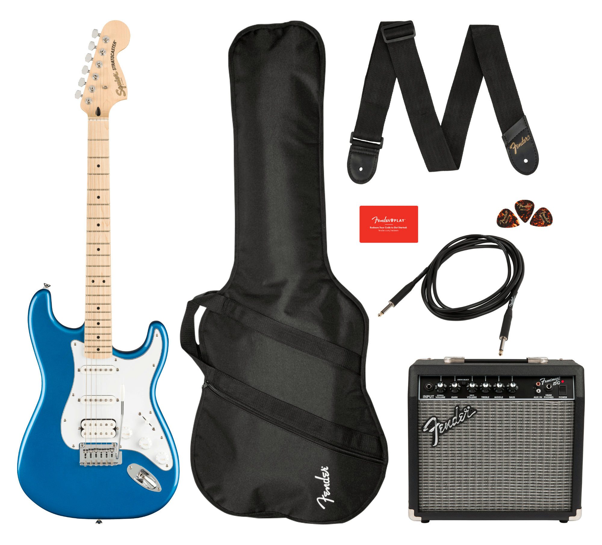 Squier E-Gitarre Affinity Stratocaster HSS Lake Placid Blue Pack, Stratocaster, Komplett-Set, mit Ahorn-Griffbrett