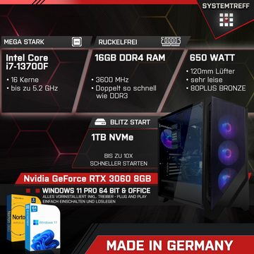 SYSTEMTREFF Basic Gaming-PC-Komplettsystem (27", Intel Core i7 13700F, GeForce RTX 3060, 16 GB RAM, 1000 GB SSD, Windows 11, WLAN)