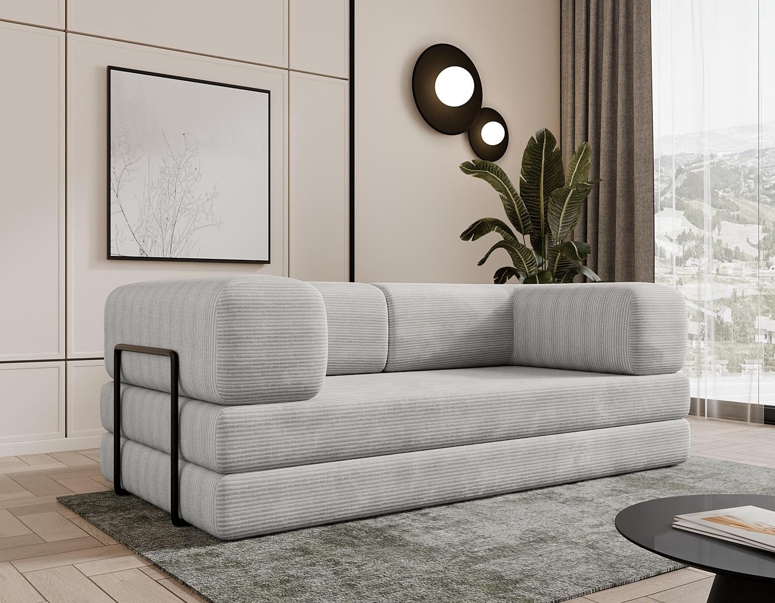 Compleo Sofa Designer Sofa LAMILO– 3-Sitzer mit Cordbezug und Klappfunktion