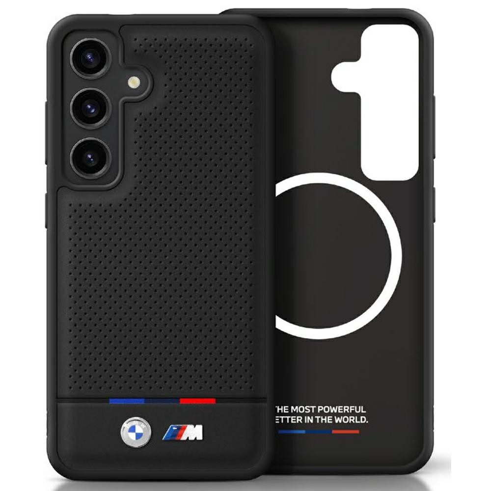 BMW Handyhülle Galaxy S25 Kunstleder gelocht schwarz MagSafe Logo Metall 6,2 Zoll, Kantenschutz