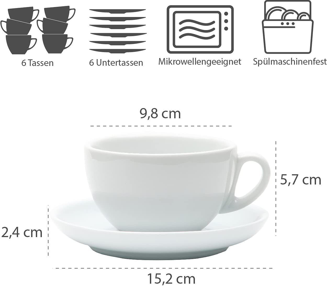 Gastro Spirit Cappuccinotasse 12-teiliges Cappuccino-Tassen Set 200 ml, weiß, Italia Serie, Porzellan, 12-teiliges Set, 200 ml