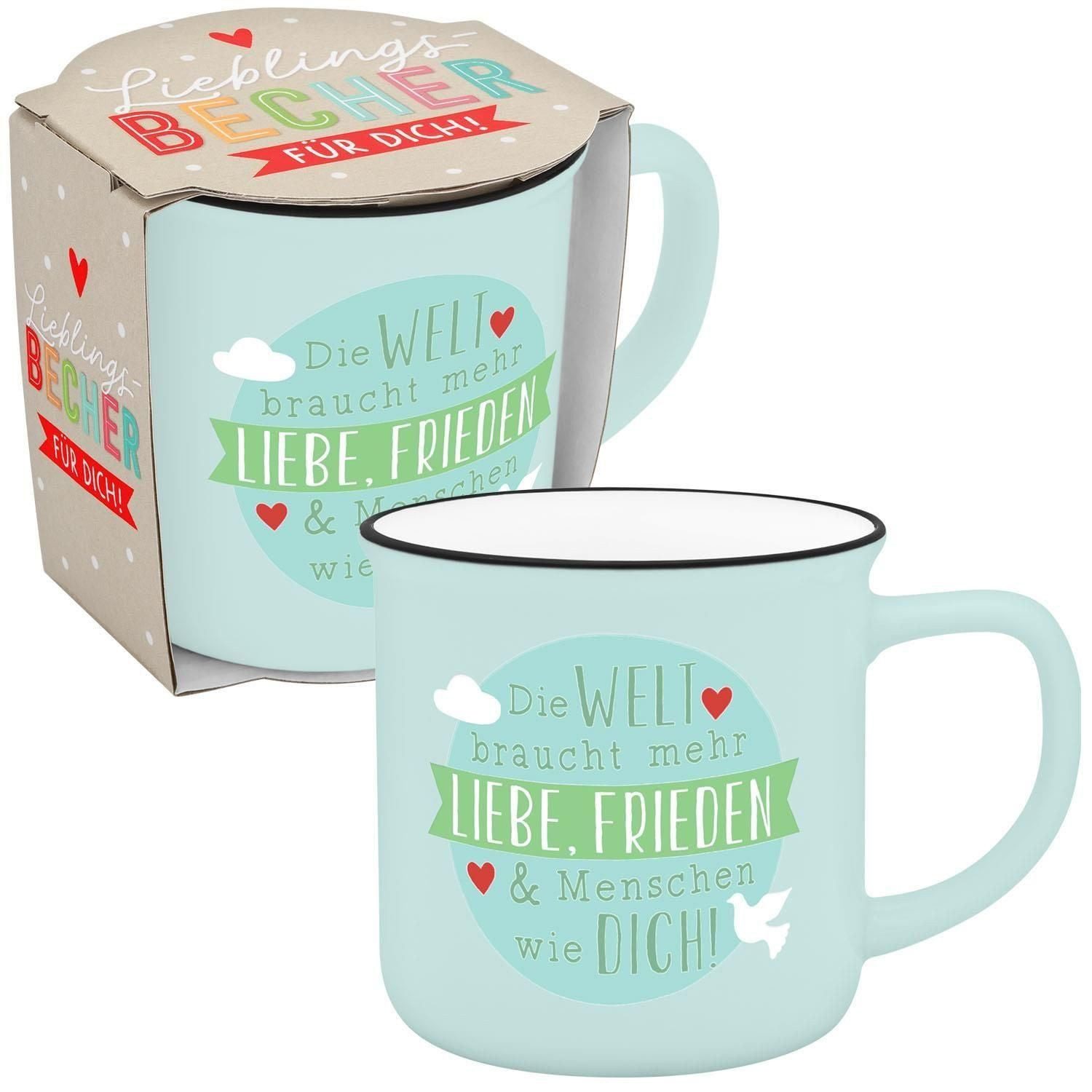 Sheepworld Schulheft Becher in Emailloptik ""Die Welt braucht mehr Liebe, Frieden & Mensche