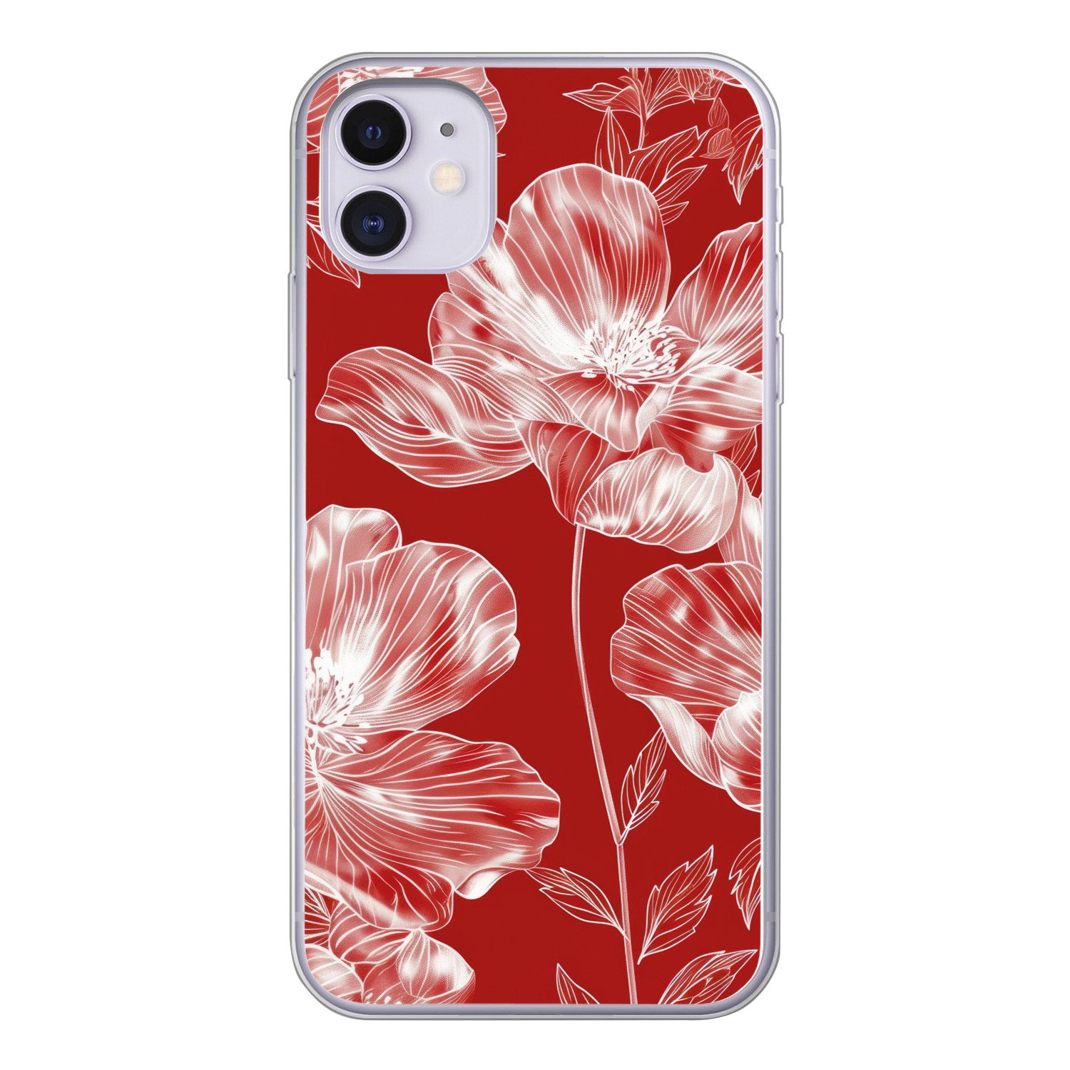 MuchoWow Handyhülle für Apple iPhone 11 Blumen - Muster - Rot - Weiß, Smartphone-Bumper, Print, Handy Schutzhülle Dünn