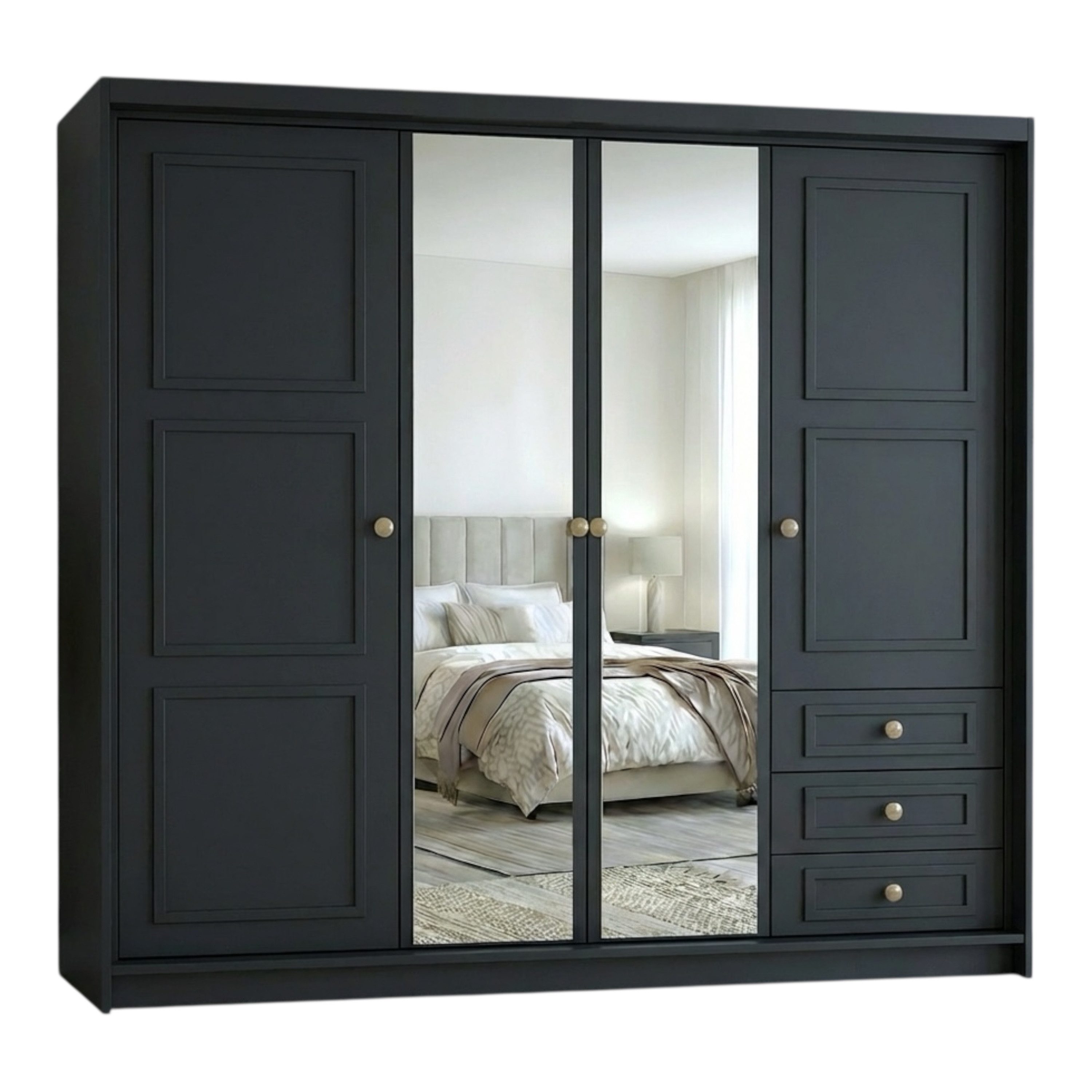 A&J MöbelLand GmbH Drehtürenschrank OSLO viertüriger Kleiderschrank mit Schubladen und Metallgriffen (Geräumiger viertüriger Kleiderschrank mit Schubladen und Metallgriffen. Geräumiger Schrank mit einer Breite von 200 cm und Schubladen, ideal zur Aufbewahrung von Kleidung und Accessoires. Viel Stauraum. TOP PRODUKT! Wählen Sie das ideale Modell für Ihr Schlafzimmer!, TOP ANGEBOT) Breite: 200 cm, Höhe: 215 cm, Tiefe: 59,5 cm