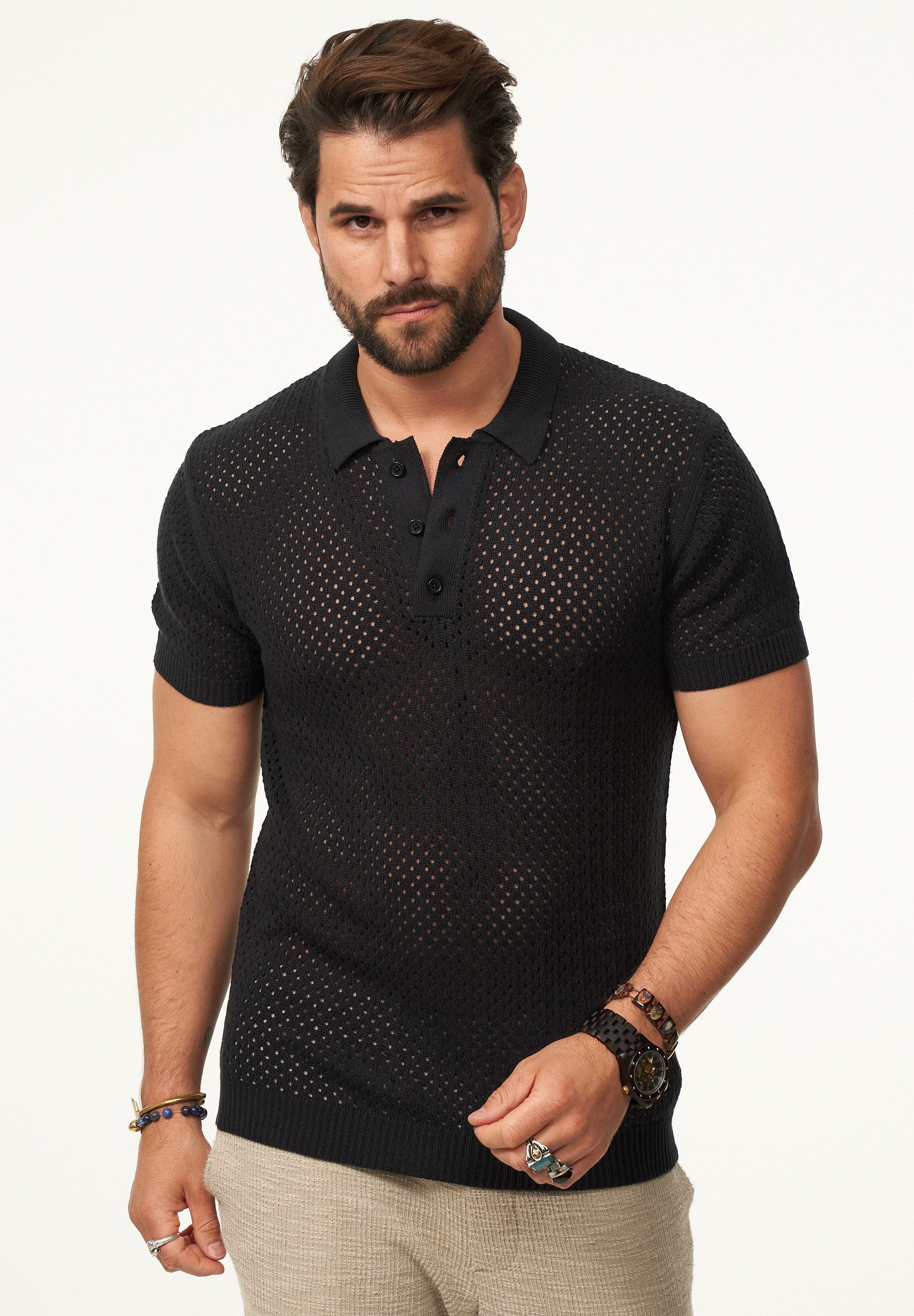 SOULSTAR Poloshirt im luftigen Crochet Summer-Stil Herren Kurzarm Strick Po günstig online kaufen
