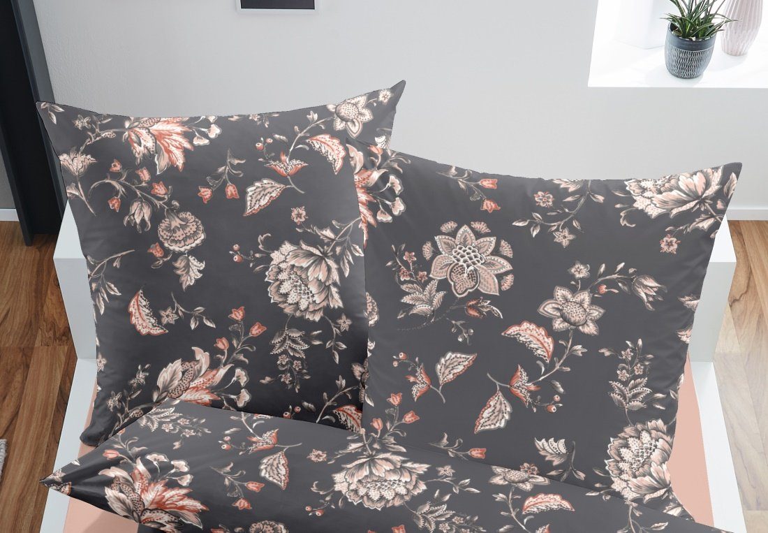 Dormisette Bettwäsche Baumwoll Satin Bettwäsche LEAVES 2086, Satin, 2 teilig, modernes Blütenarragement auf edlem dunklen Fond