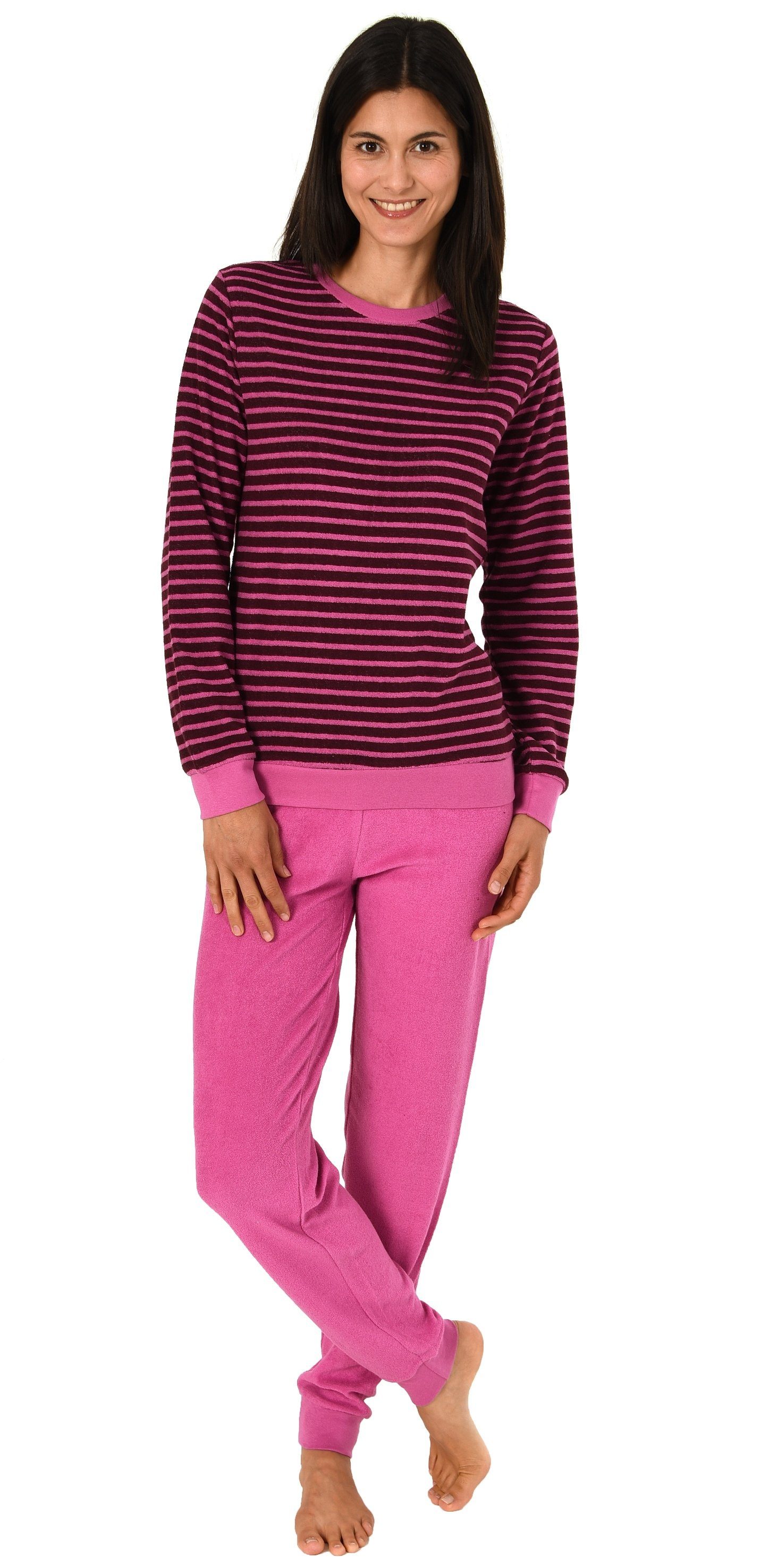 Normann Pyjama Damen Frottee Pyjama langarm mit Bündchen in Streifenoptik