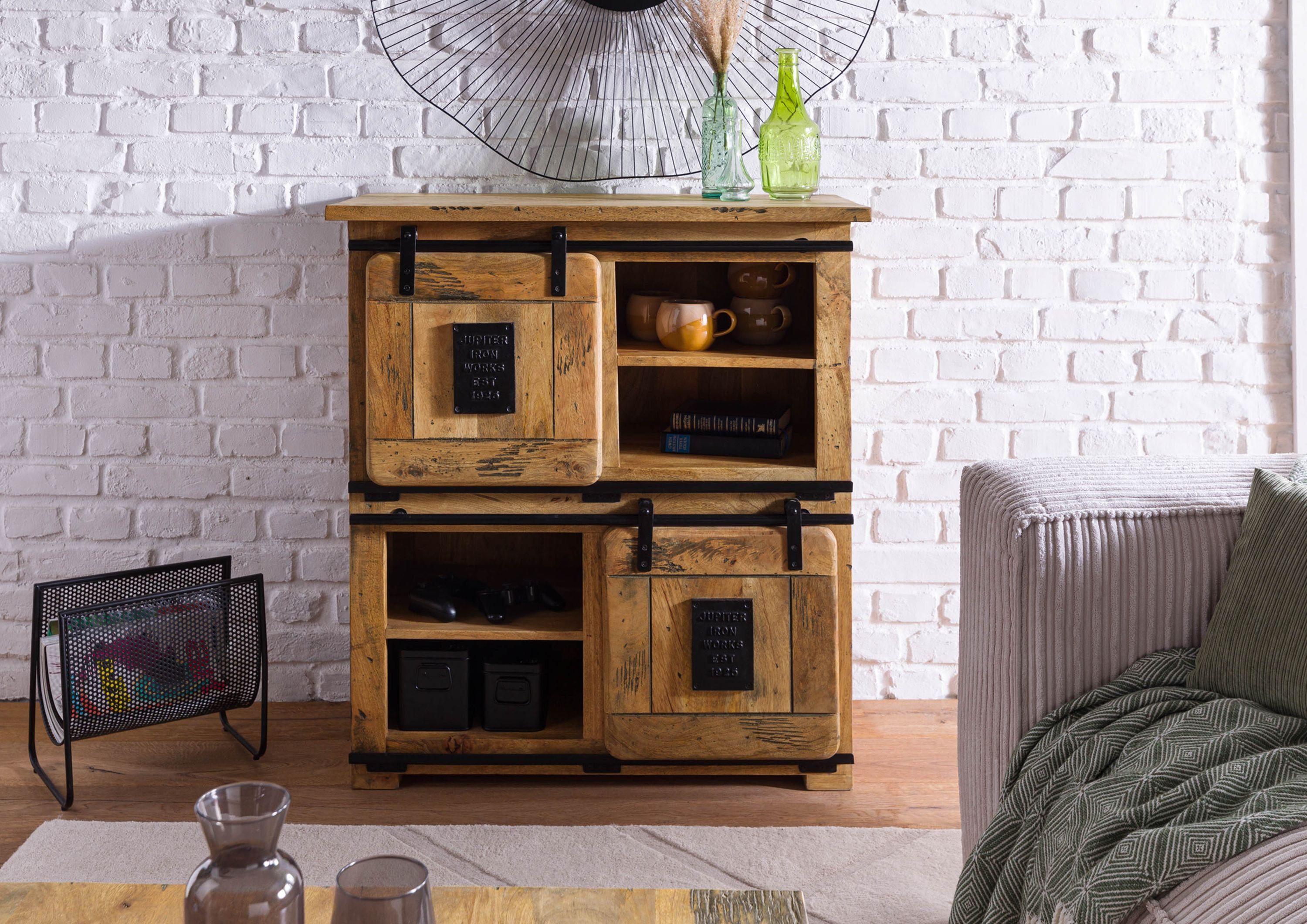 Massivmoebel24 Highboard RAILWAY (Massivholz), Highboard Mango 90x45x100 natur lackiert RAILWAY #1005