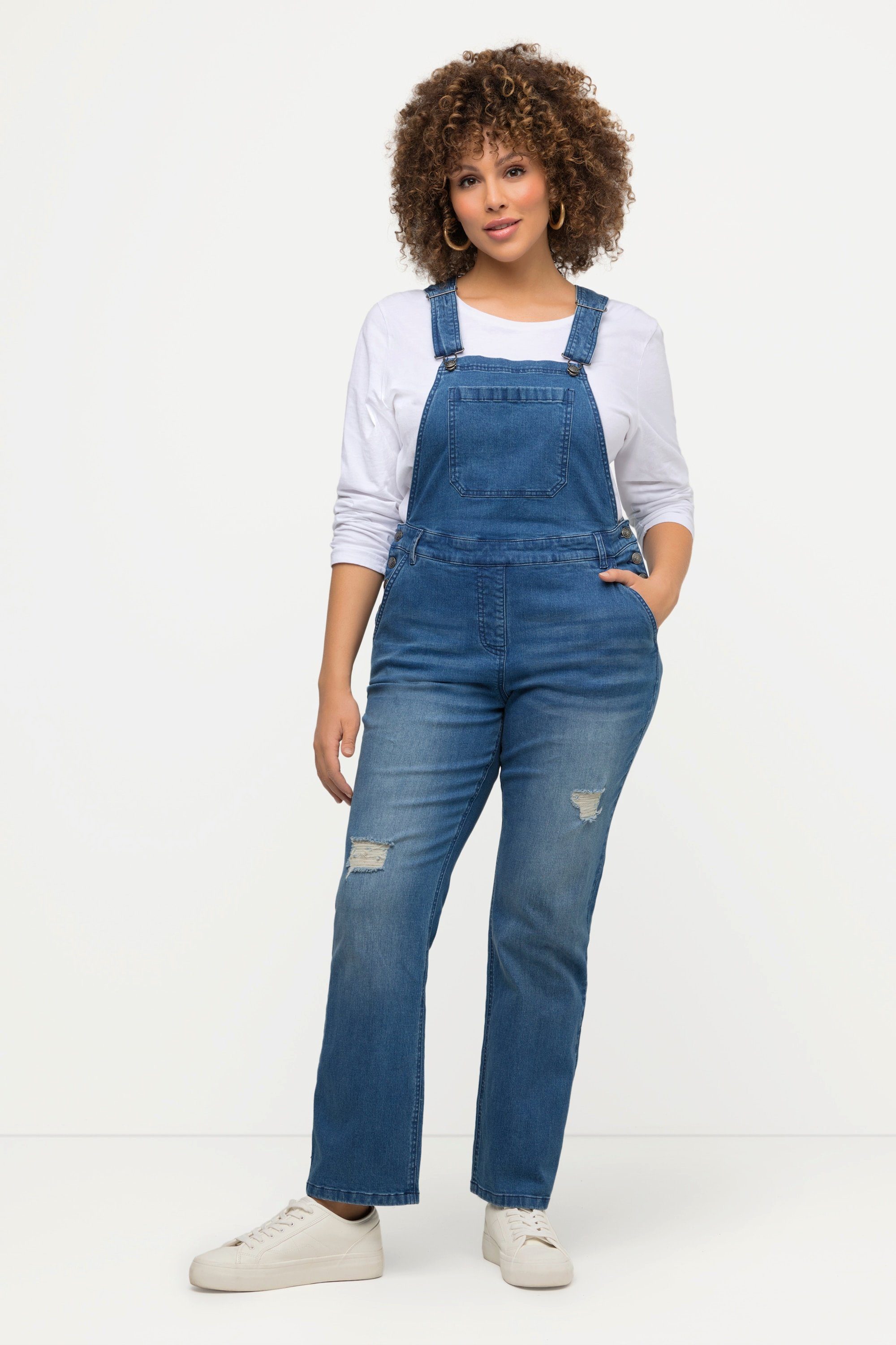 Popken Ulla Bein Jeans-Latzhose ausgestelltes Destroy-Effekt Funktionshose