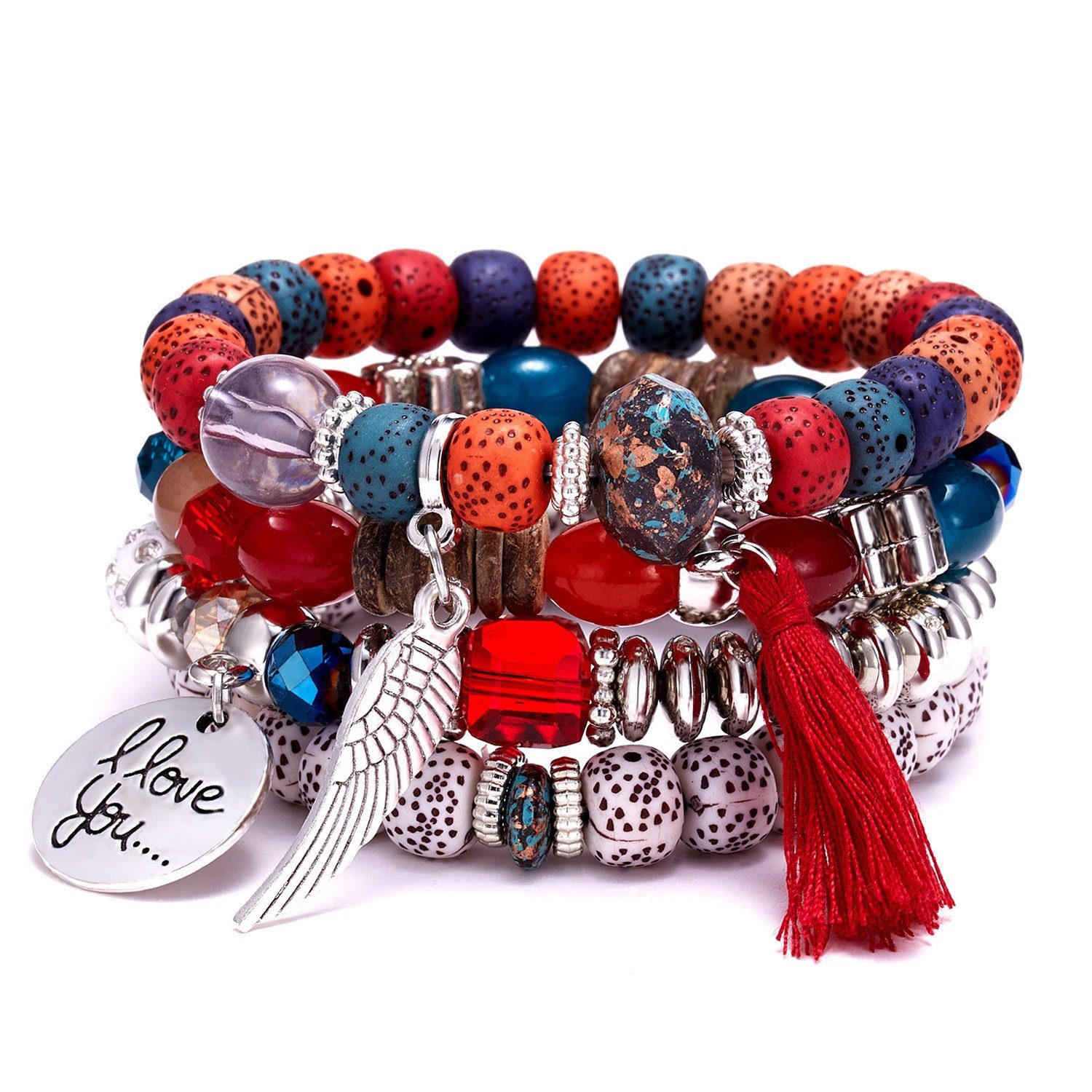 MAGICSHE Armband 4-teiliges Set von Flügel Anhänger Türkis Armbänder, Mehrschichtiges Stretch Quaste Armband, Männer und Frauen Stil rot