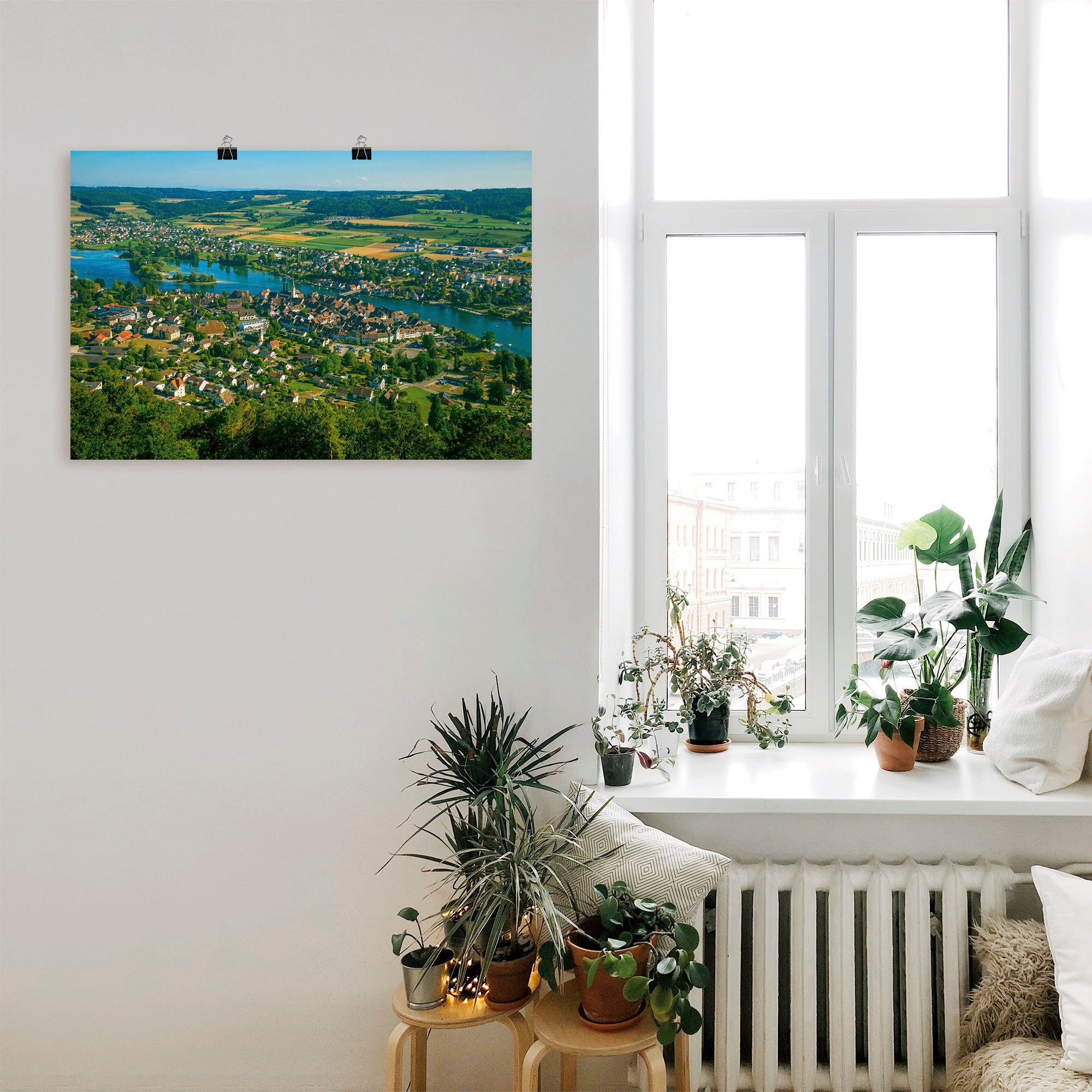 Artland Wandbild Leinwandbild, Schweiz über Größen versch. Wandaufkleber Stein in oder Poster Blick Rhein, Alubild, als (1 St), am