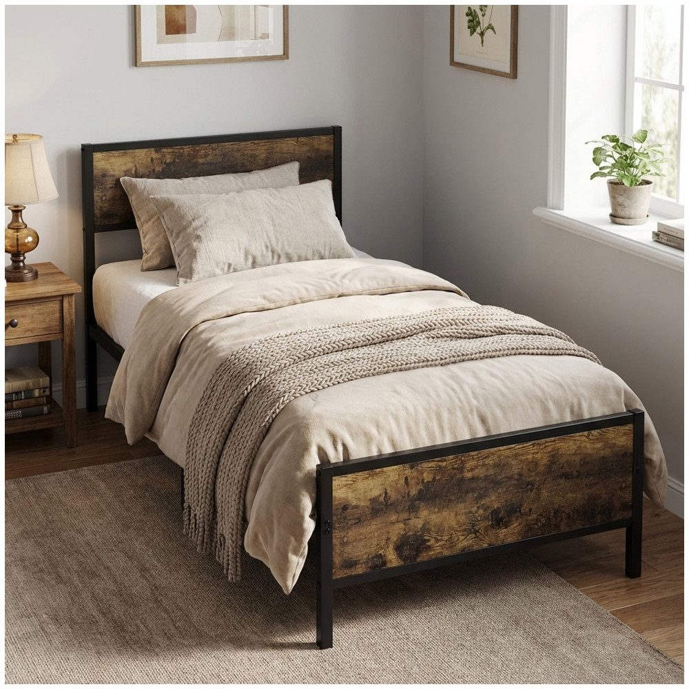 PFCTART Metallbett Bett 90x200 Metallbett mit Holzoptik, Stahl & MDF, Vintage (Set, 1-tlg., Bettgestell 90x200 als Einzelbett, inkl. Lattenrost, für Jugendzimmer), 160 kg, 90 cm Kopfteil, 27 cm Bodenfreiheit, schwarz, kratzerfest