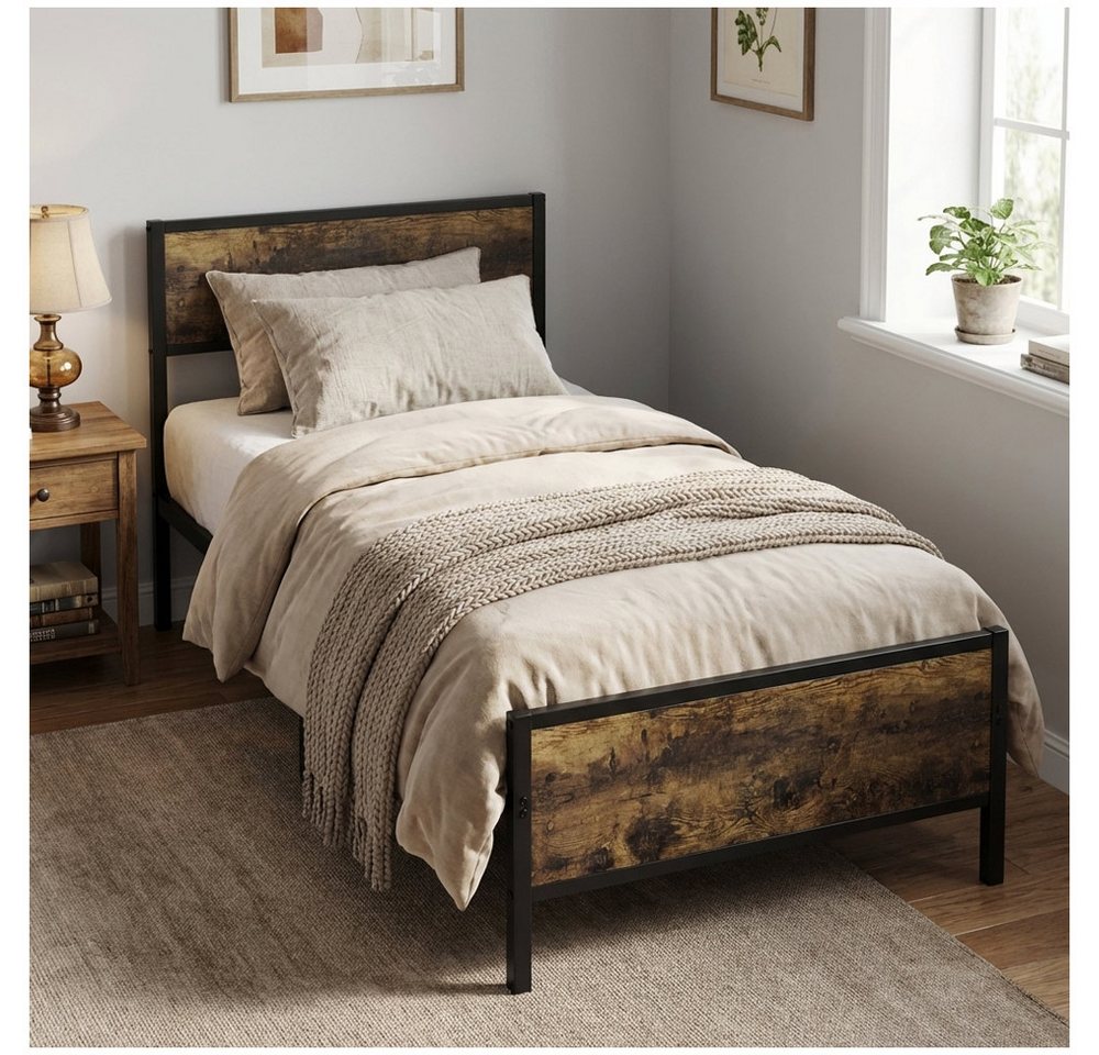 PFCTART Metallbett Bett 90x200 Metallbett mit Holzoptik, Stahl & MDF, Vintage (Set, 1-tlg., Bettgestell 90x200 als Einzelbett, inkl. Lattenrost, für Jugendzimmer), 160 kg, 90 cm Kopfteil, 27 cm Bodenfreiheit, schwarz, kratzerfest