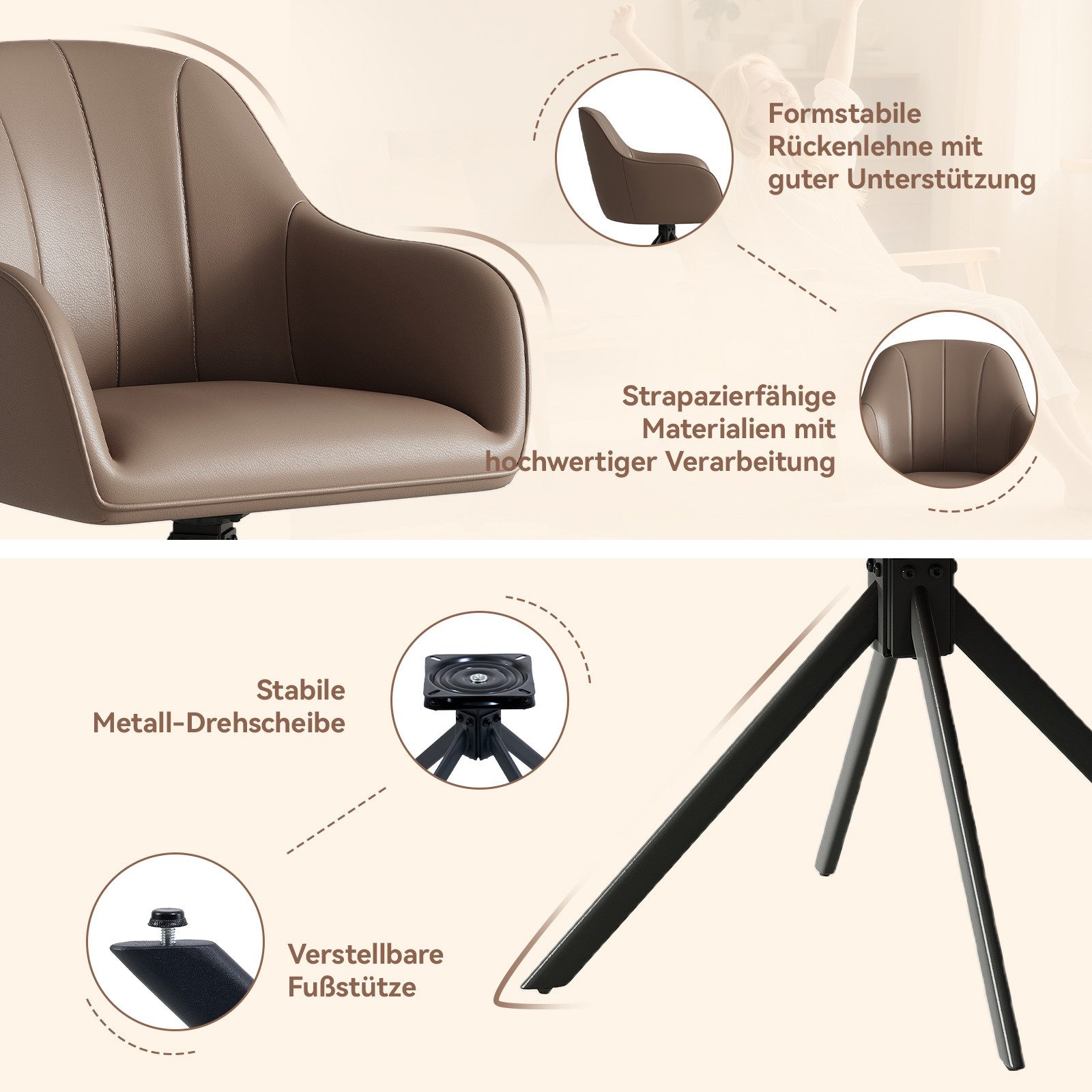HawthyHome Polsterstuhl 360° drehbar mit Armlehne und Metallbeinen, 4-Fußstuhl (6 St), Moderner Küchenstuhl Esszimmerstuhl für Wohnzimmer & Büro – Bild 5 von 5
