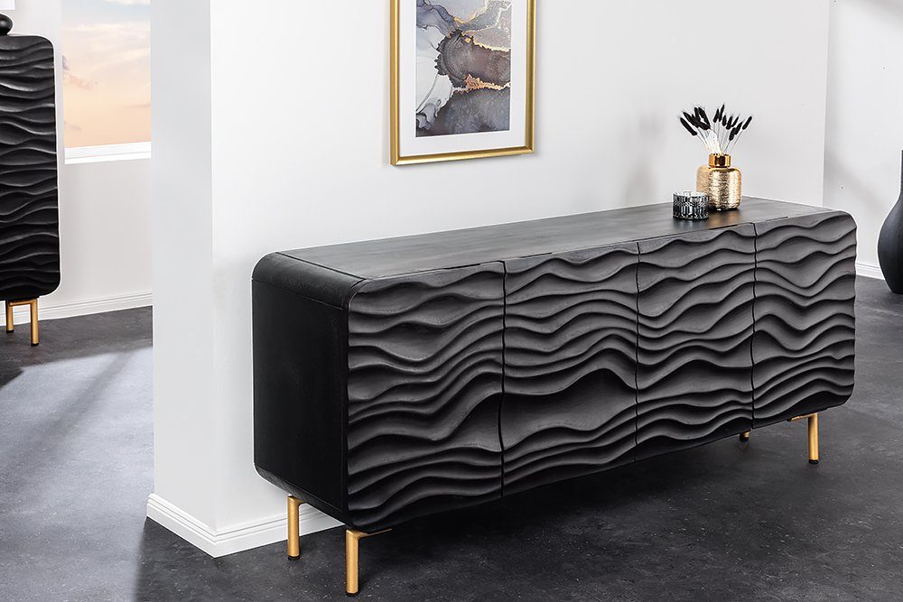 riess-ambiente Sideboard WAVE 160cm schwarz / gold (Einzelartikel, 1 St), Wohnzimmer · Massivholz · Metall · Kommode · Retro Design