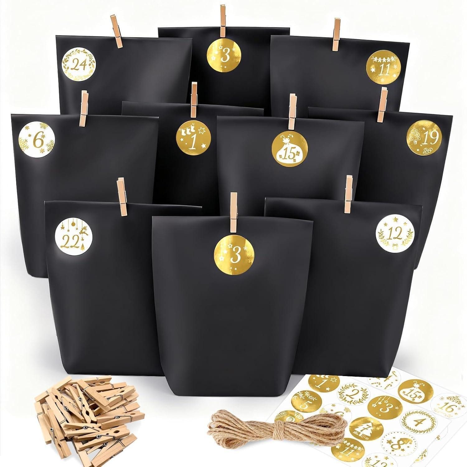 LuxusKollektion DIY-Adventskalender Adventskalender Schwarz 24 DIY Goldsticker Papiertüte + Holzklammern
