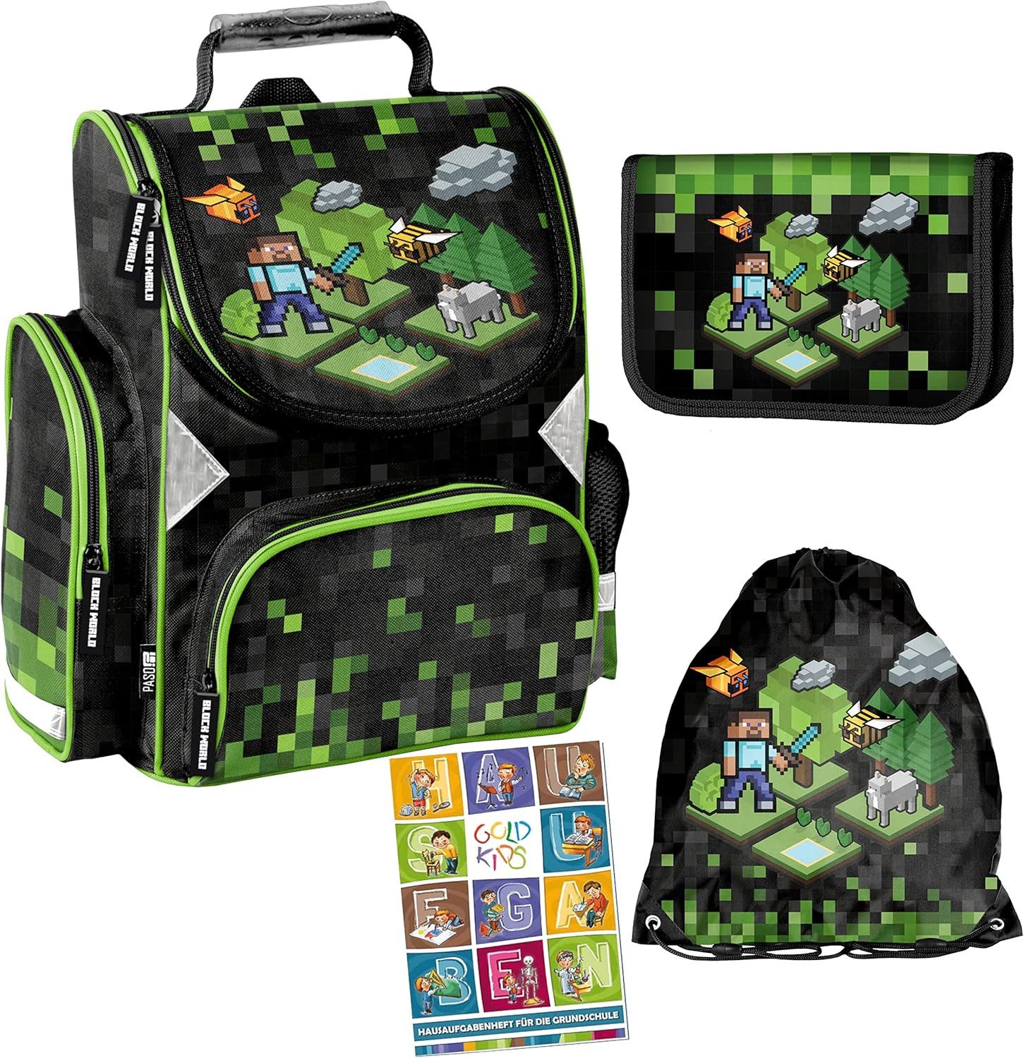 GOLDKIDS Ранцы Set Game Pixel ergonomischer Ranzen Federmappe (Turnbeutel Aufgabenheft für die, 1-tlg., Grundschule 4er Set. Geeignet ab der), ersten Klasse der Grundschule.