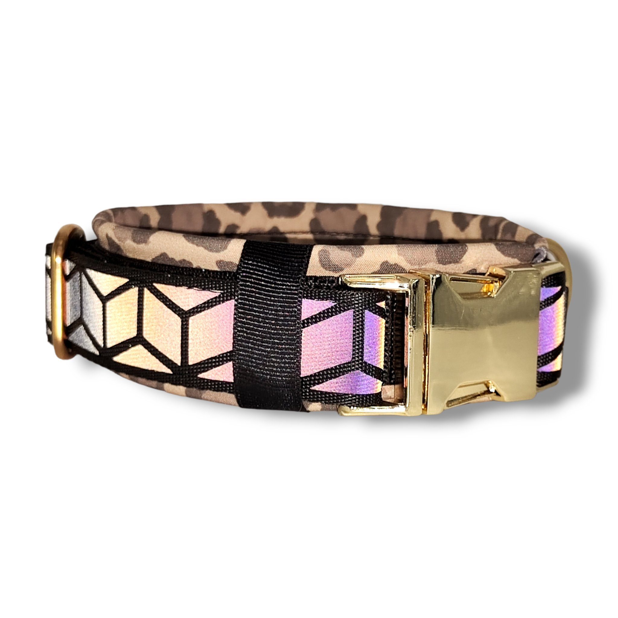 D by E Couture Hunde-Halsband "Golden Leopard III", reflektierend, gepolstert, verstellbar, 50mm breit, Handmade