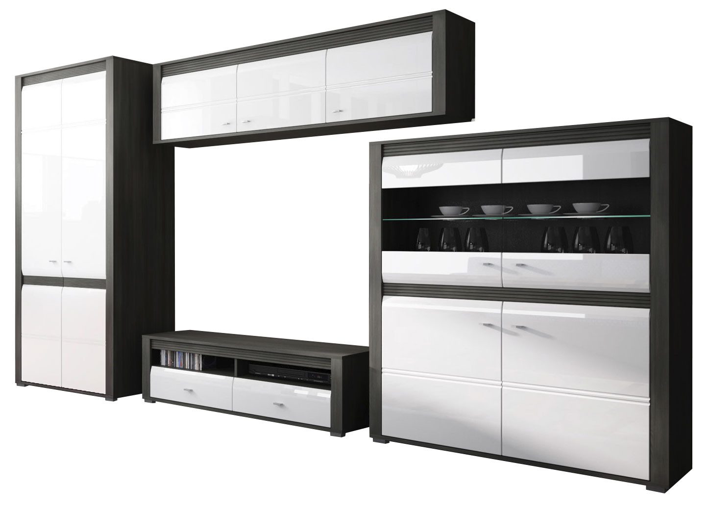 Feldmann-Wohnen Wohnwand Sevilla, (chromglänzende Füße, Chromgriffe, 4-St., 1 Garderobenschrank, 1 TV-Element, 1 Kommode, 1 Hängeschrank), 341,4x58x205cm norwegische Schwarzkiefer / weiß Hochglanz 4-teilig