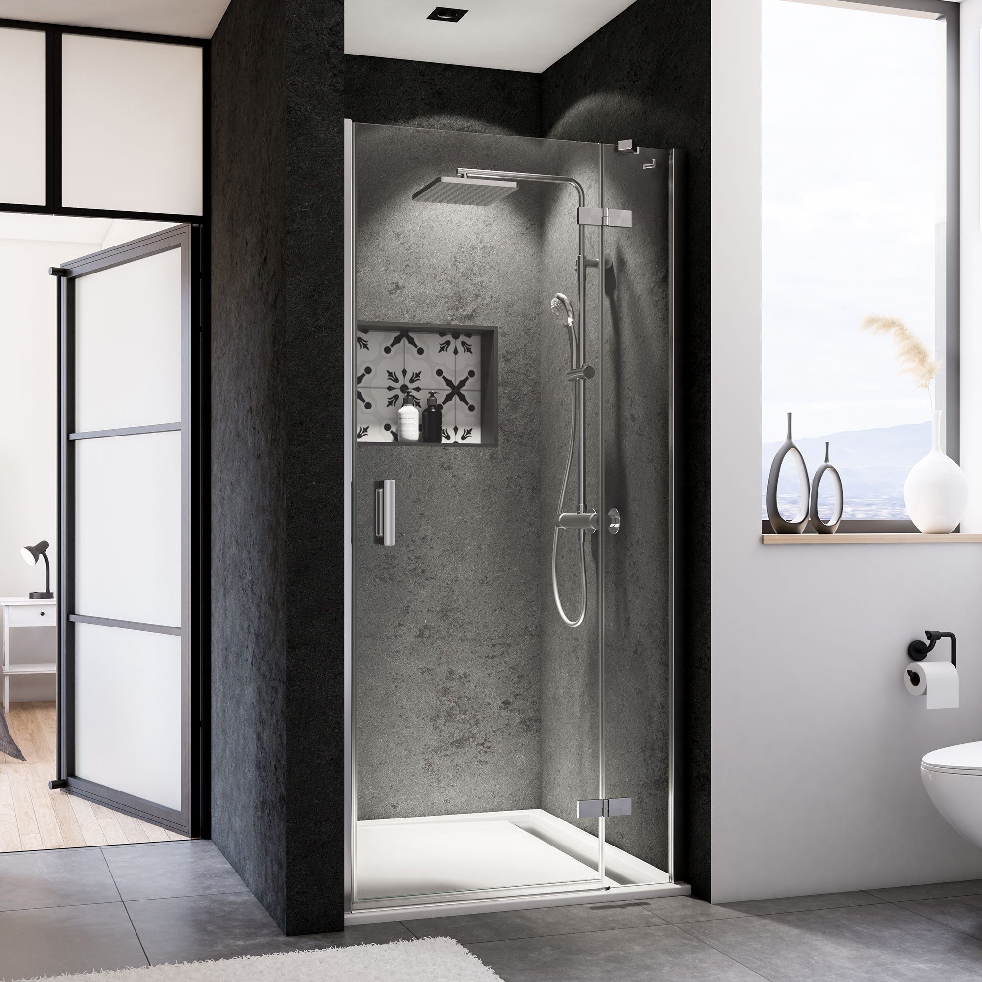 BREUER Dusch-Schiebetür Panorama Drehtür + Festteil Anschlag rechts für Nische Klarglas 900mm