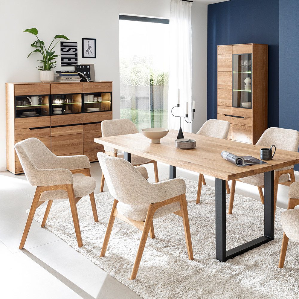 Lomadox Esszimmer-Set AVESTA-06, (Spar-Set, 3-St., Highboard Vitrine), in Eiche teilmassiv, grifflos, LED-Beleuchtung, Esstisch 180x100 cm