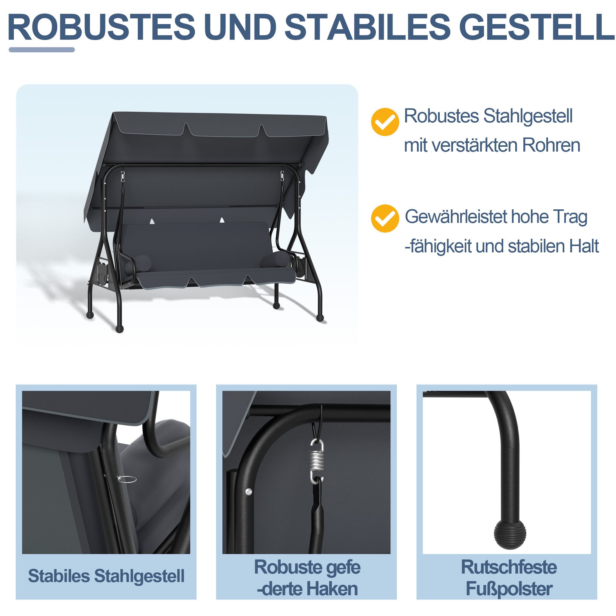 FIVMEN Hollywoodschaukel 3-Sitzer Schaukelbank mit Verstellbarem Sonnendach Sitzkissen, Gartenschaukel für Terrasse Balkon Gartenliege bis 350 kg