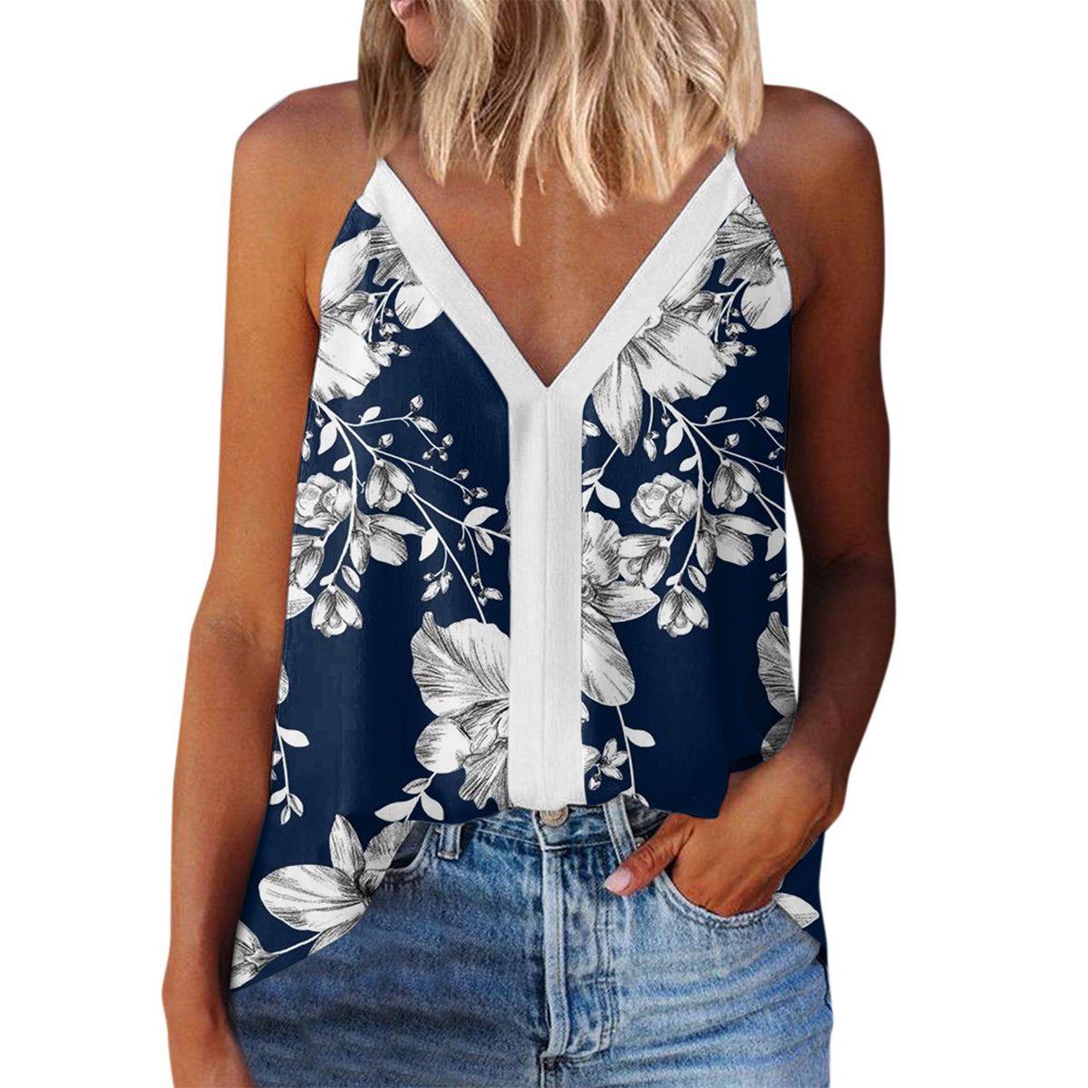 DEBAIJIA Longweste DEBAIJIA Damen Tank Top Ärmellose Weste Cropped Leibchen Sommer Blau Drucken