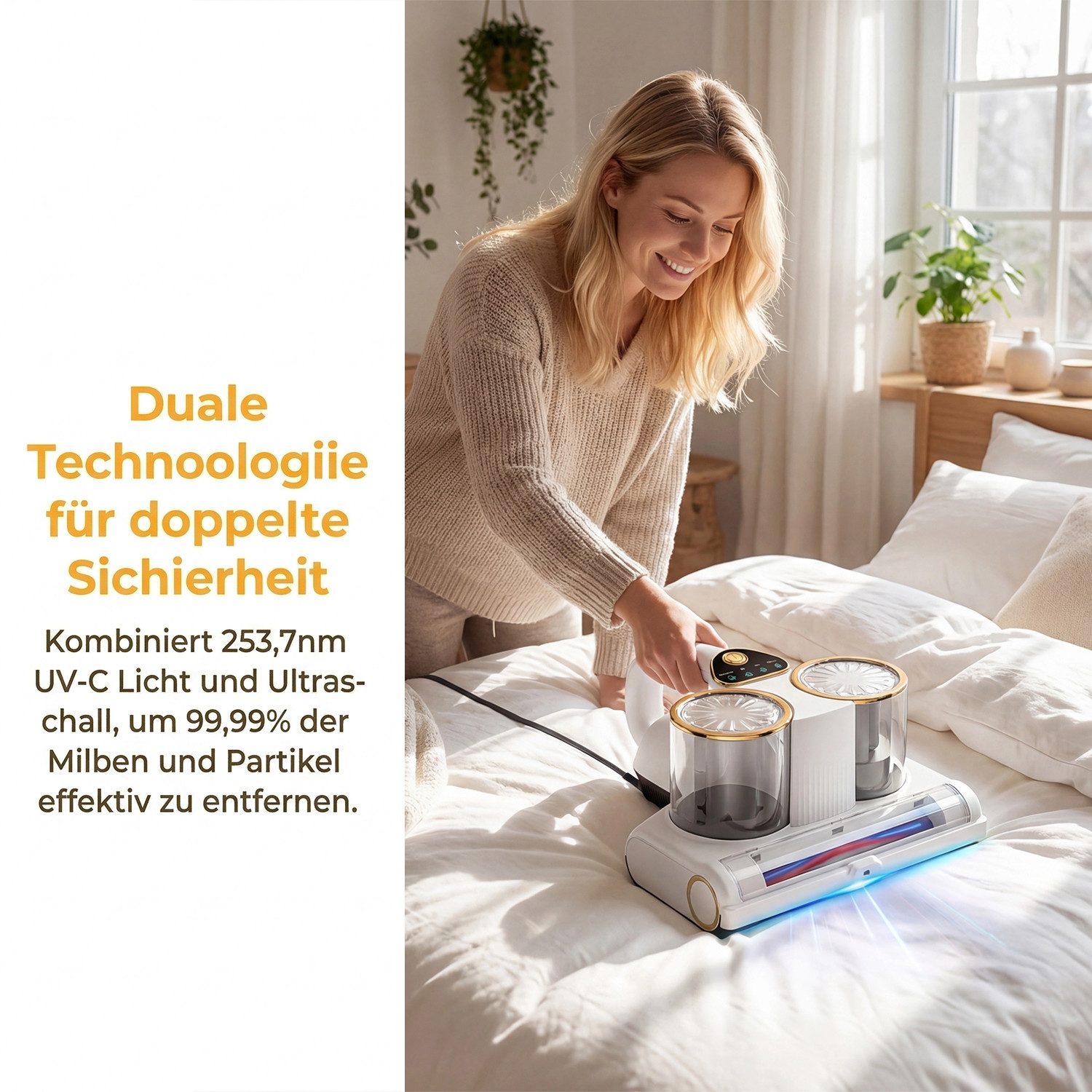 AKKEE Matratzenreinigungsgerät Milbensauger für Matratzen, Milbensauger mit UV-Licht 16KPA Absaugung, 500 W, entfernt 99,9% Bakterien, Staub-Milben, Allergene